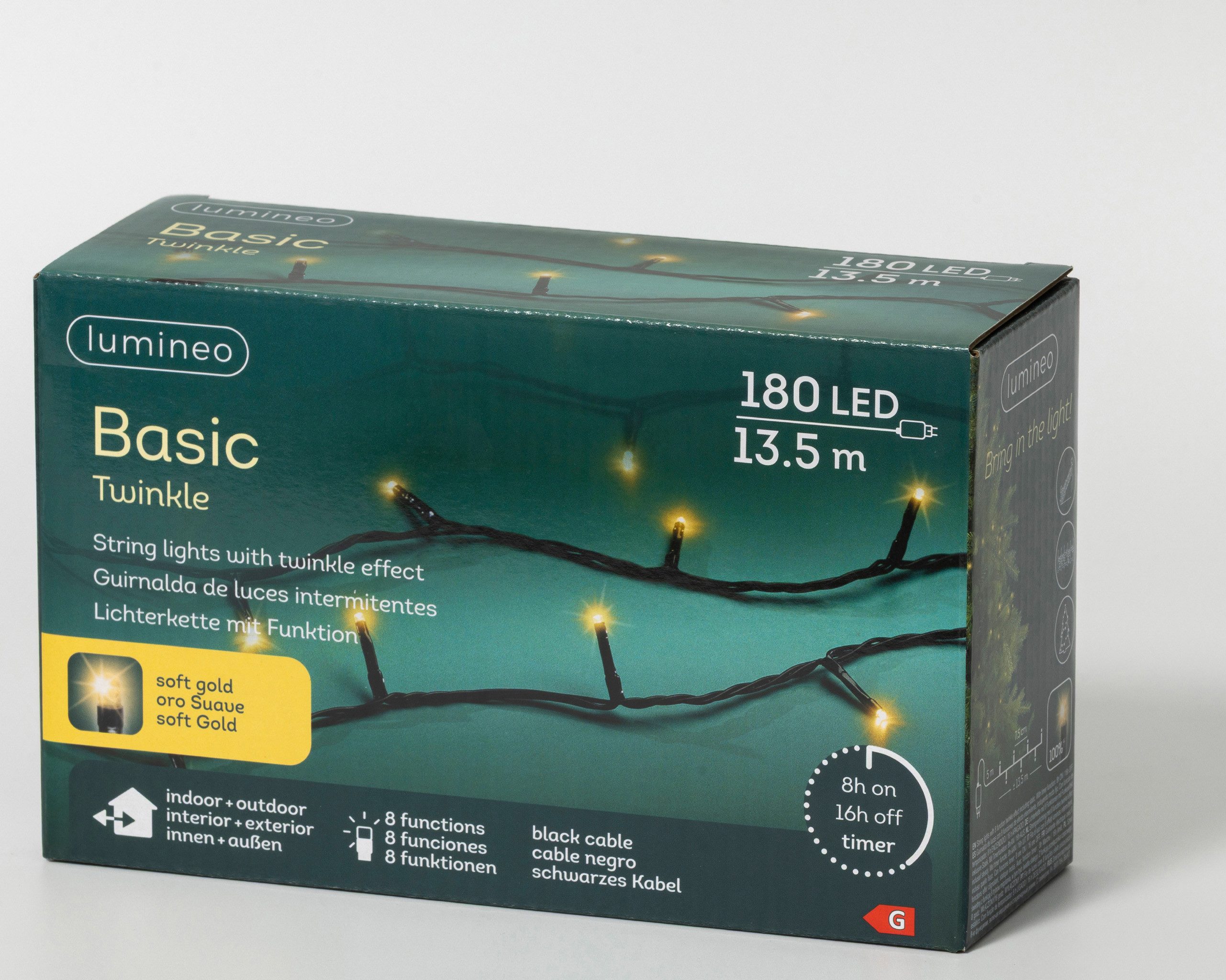 Lumineo LED-Lichterkette, LED Lichterkette 13,5m Basic mit Trafo 180 LEDs Soft Gold / Schwarz