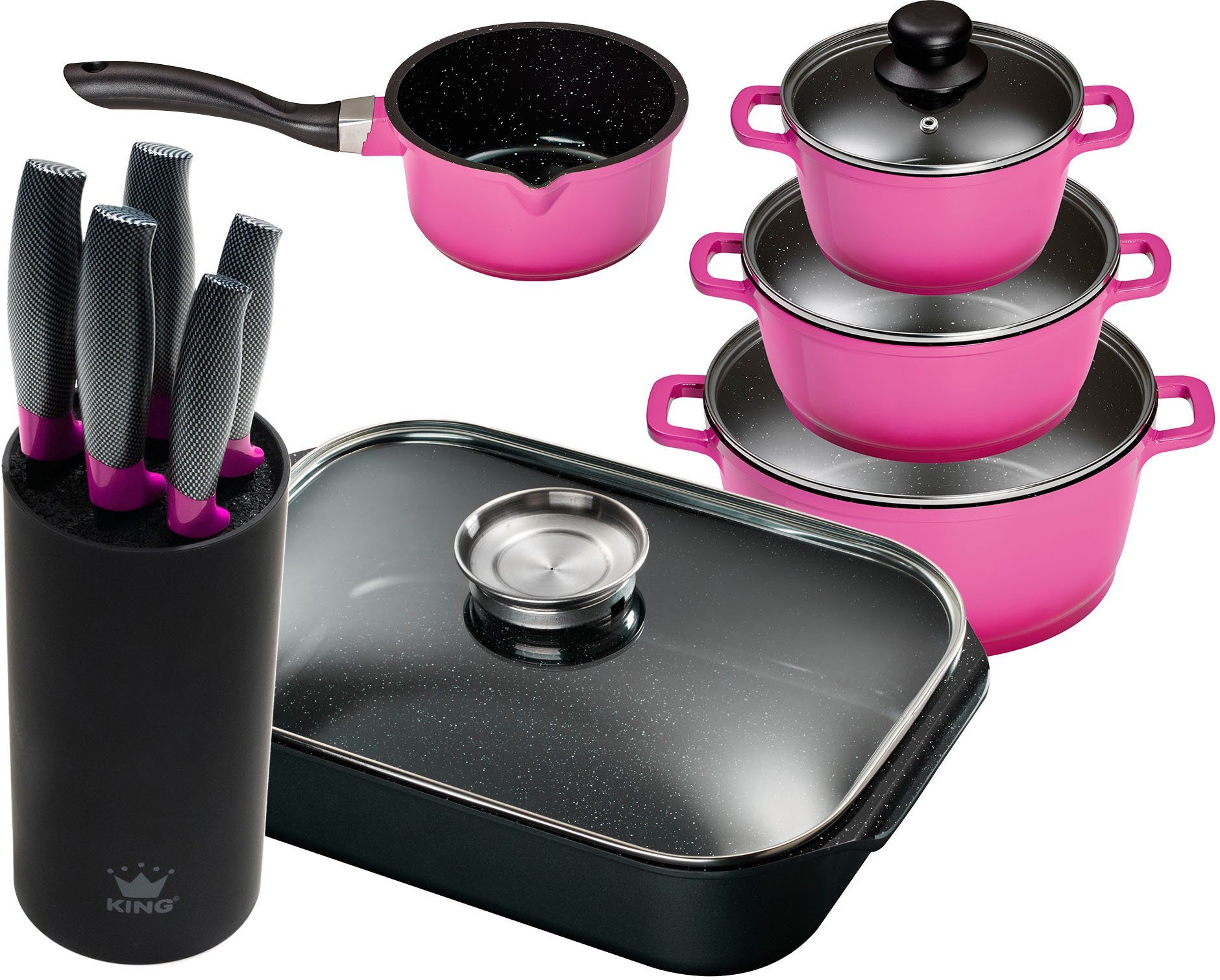 KING Topf-Set, Aluminiumguss (Set, 11-tlg., 4 Кастрюли, 3 Deckel, Кастрюли жаровни, 1 Messerblock, 5 Kochmesser), Induktion
