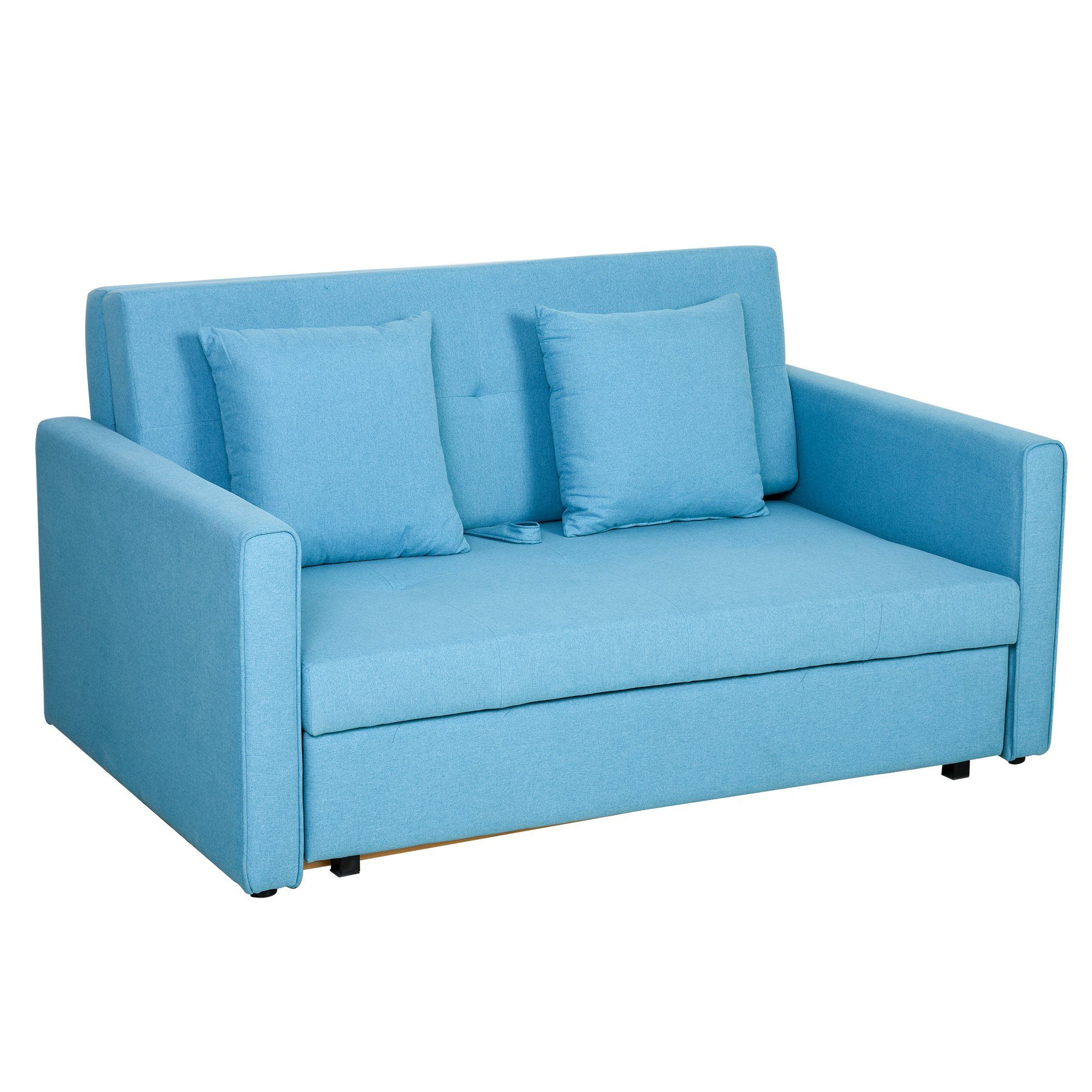 mit Schlafcouch, Zweistizer Sofa HOMCOM 2-Sitzer Bettfunktion, Sofa Polycotton, Holz Wohnzimmer, für Teile, mit 1 Schlafsofa Stauraum,