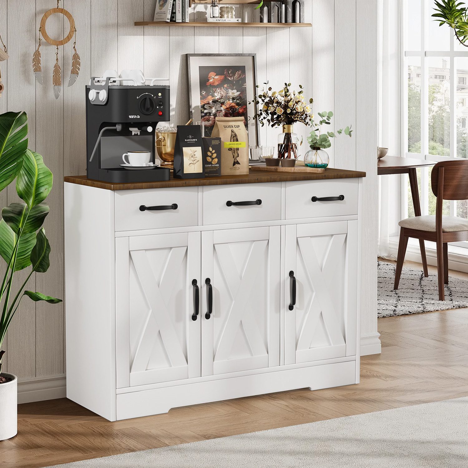 oyajia Sideboard Küchenschrank Aufbewahrungsschrank mit 3 Türen (Sideboard mit Schubladen, Aufbewahrungsschrank mit Türen, für Wohnzimmer Küche Esszimmer), verstellbare Ablage,40 x 108 x 81 cm