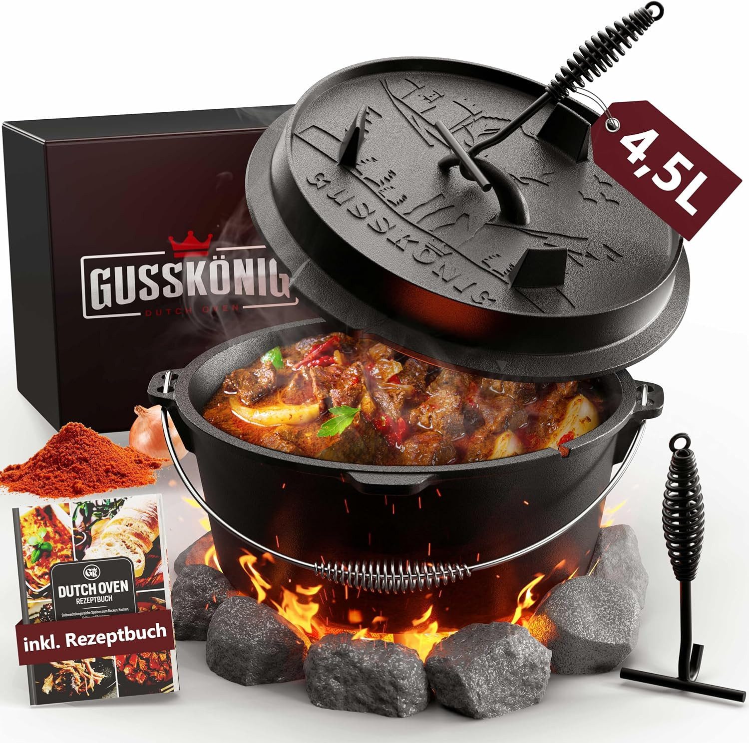 GUSSKÖNIG Grilltopf Dutch Oven Set 4.5 Liter mit Füßen inkl. 2in1 Deckelheber Rezeptbuch