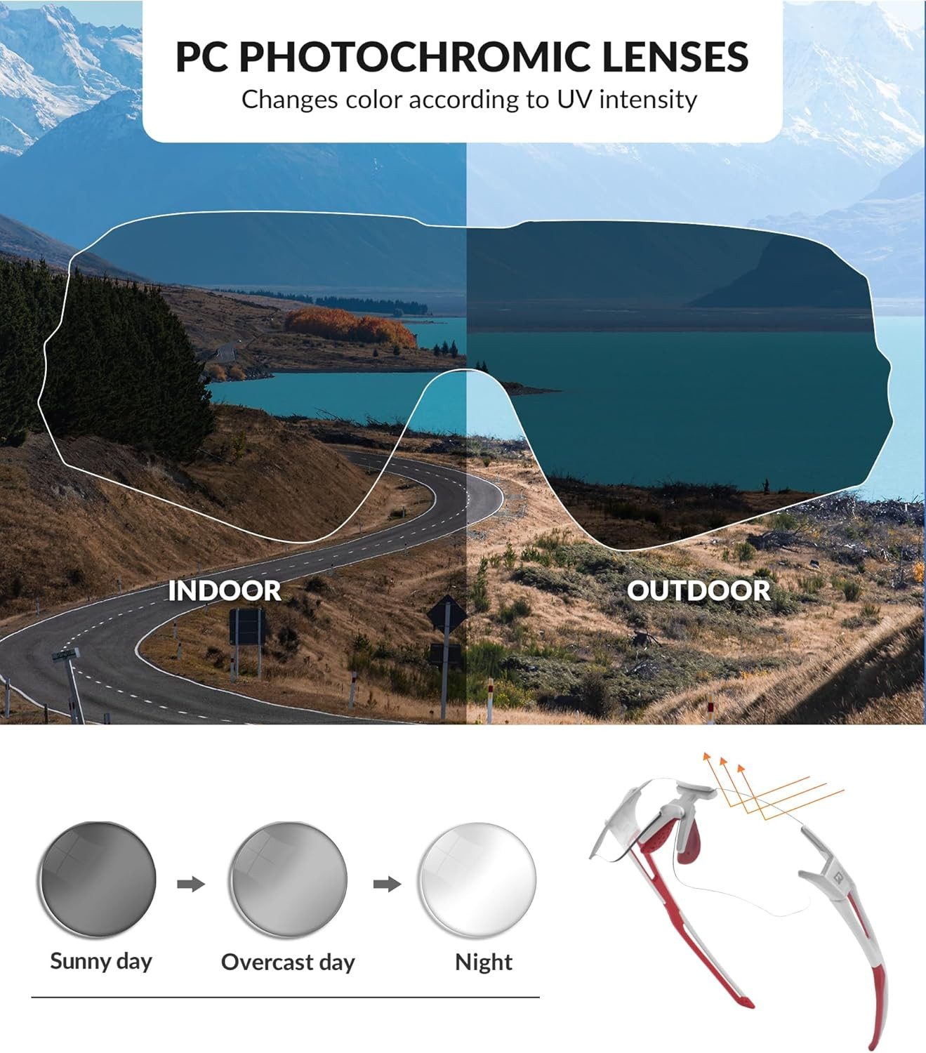 ROCKBROS Fahrradbrille Photochrome Fahrradbrille für Damen Herren, UV400 Schutz für Outdoor