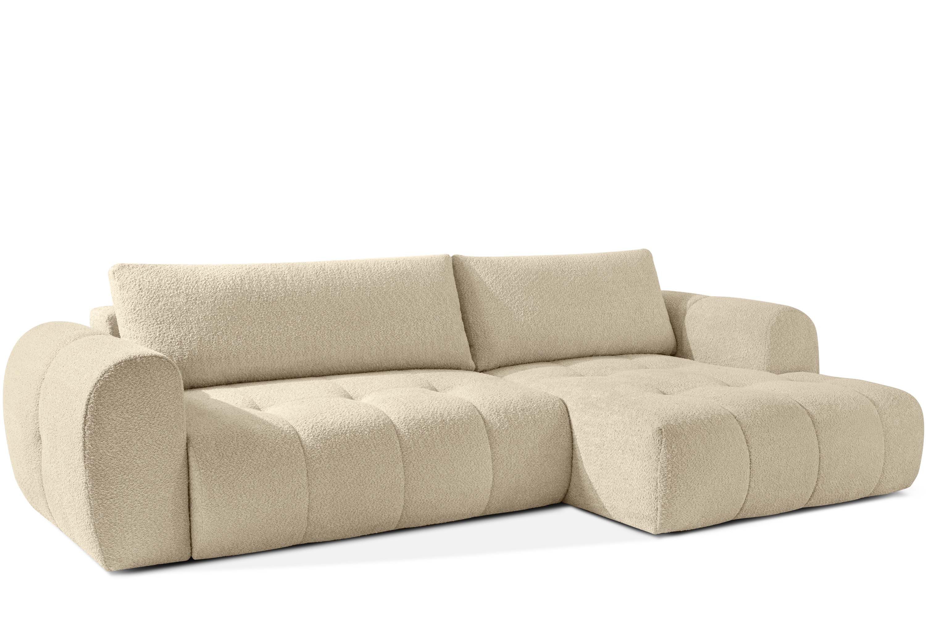 KONSIMO® Ecksofa LIRA mit Schlaffunktion, Japandi, Premiumqualität aus EU, rechts Ecksofa, elastischer Sitz, Bouclé-Stoff, Mega große Liegefläche (232x157 cm)