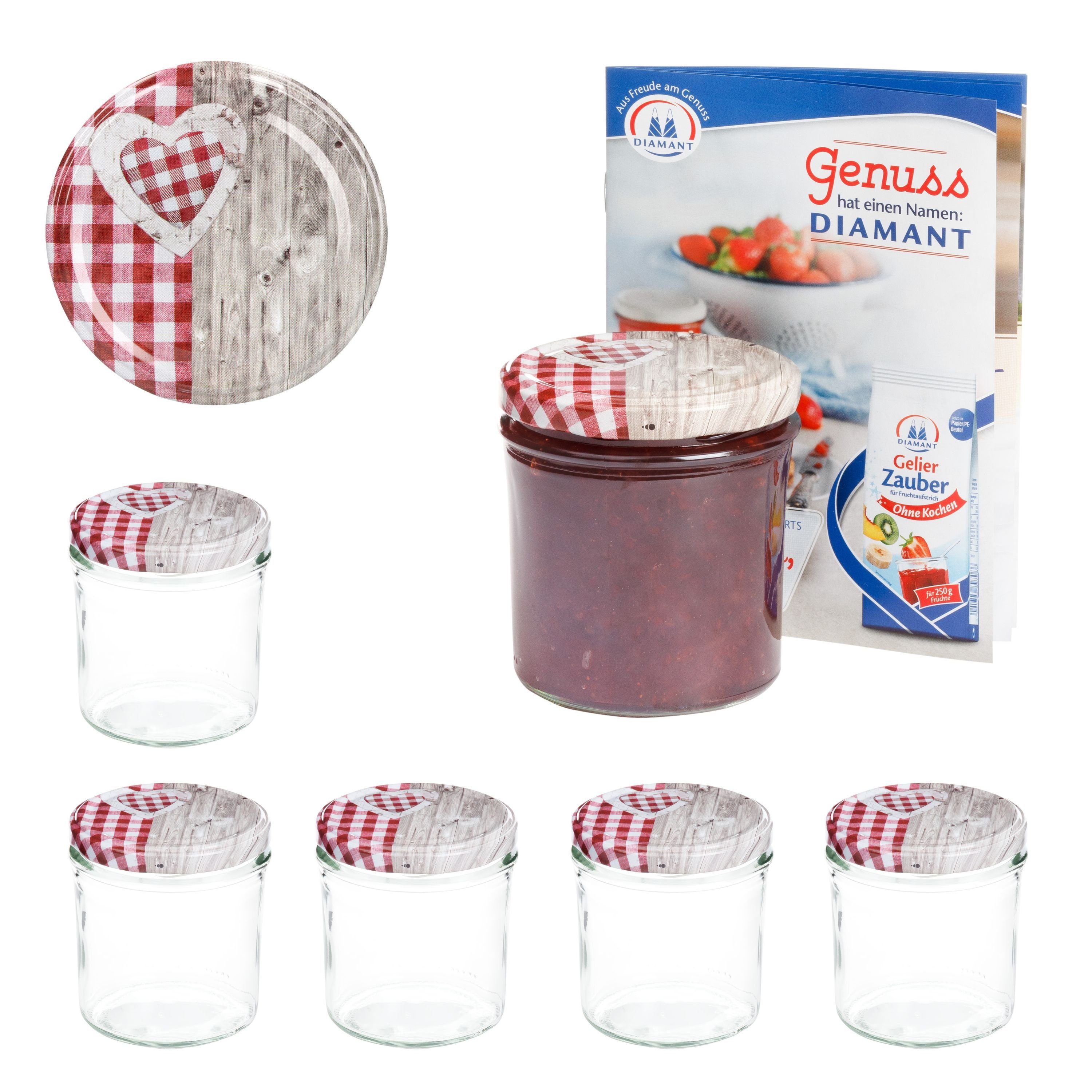 Glas MamboCat 6er rot ml To Set 350 Sturzglas Einmachglas 82 incl. Rezeptheft, Holz-Herz Deckel