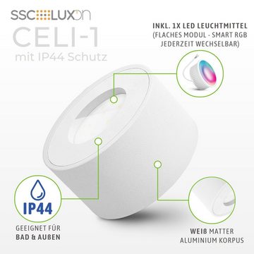 SSC-LUXon Aufbauleuchte CELI-1 Aufbauspot flach weiss IP44 fuer Bad & Aussen mit WiFi RGB LED, Warmweiß bis Tageslicht