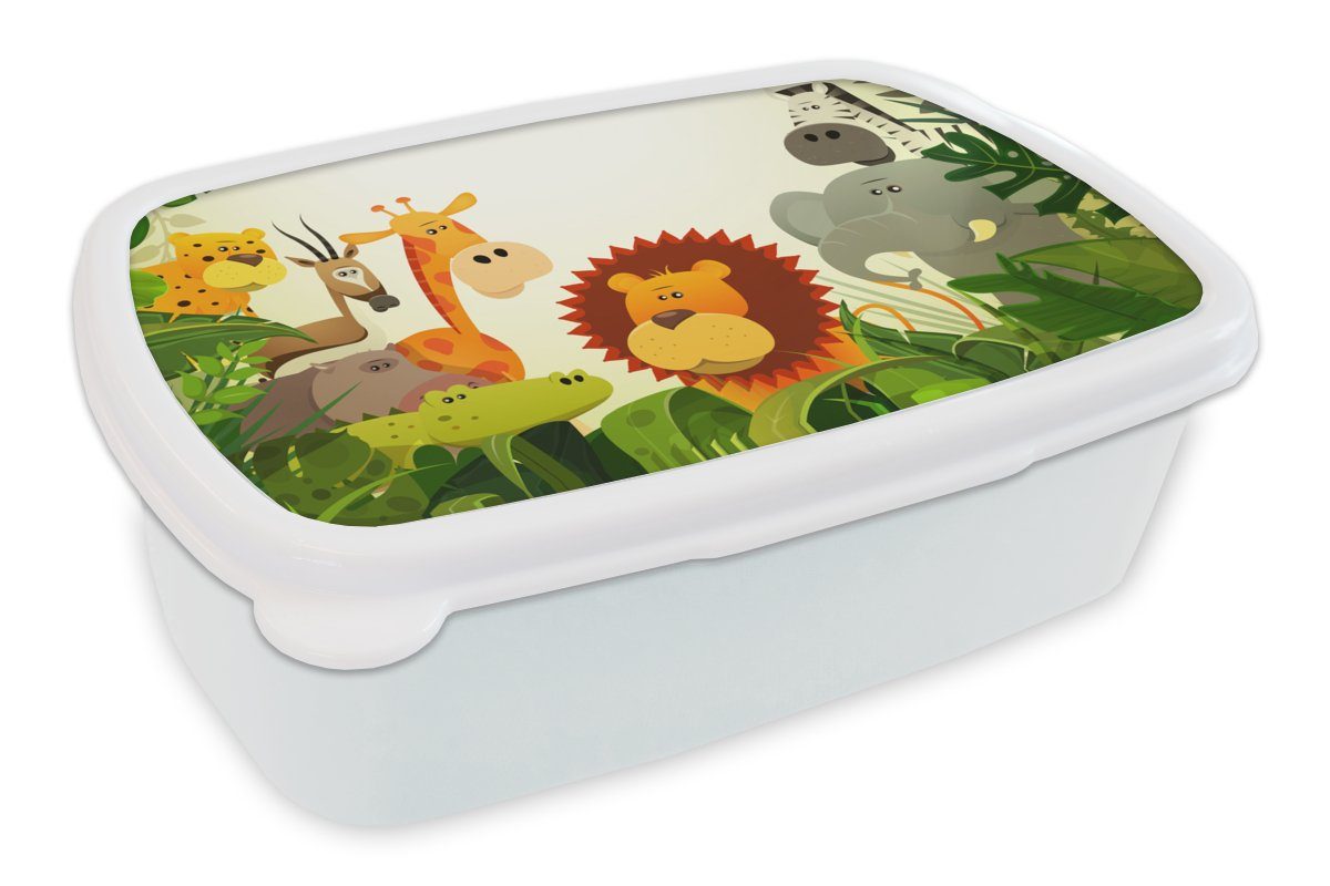 MuchoWow Lunchbox Dschungel - Schlange - Löwe - Pflanzen - Jungen - Mädchen - Baby -, Kunststoff, (2-tlg), Brotbox für Kinder und Erwachsene, Brotdose, für Jungs und Mädchen weiß