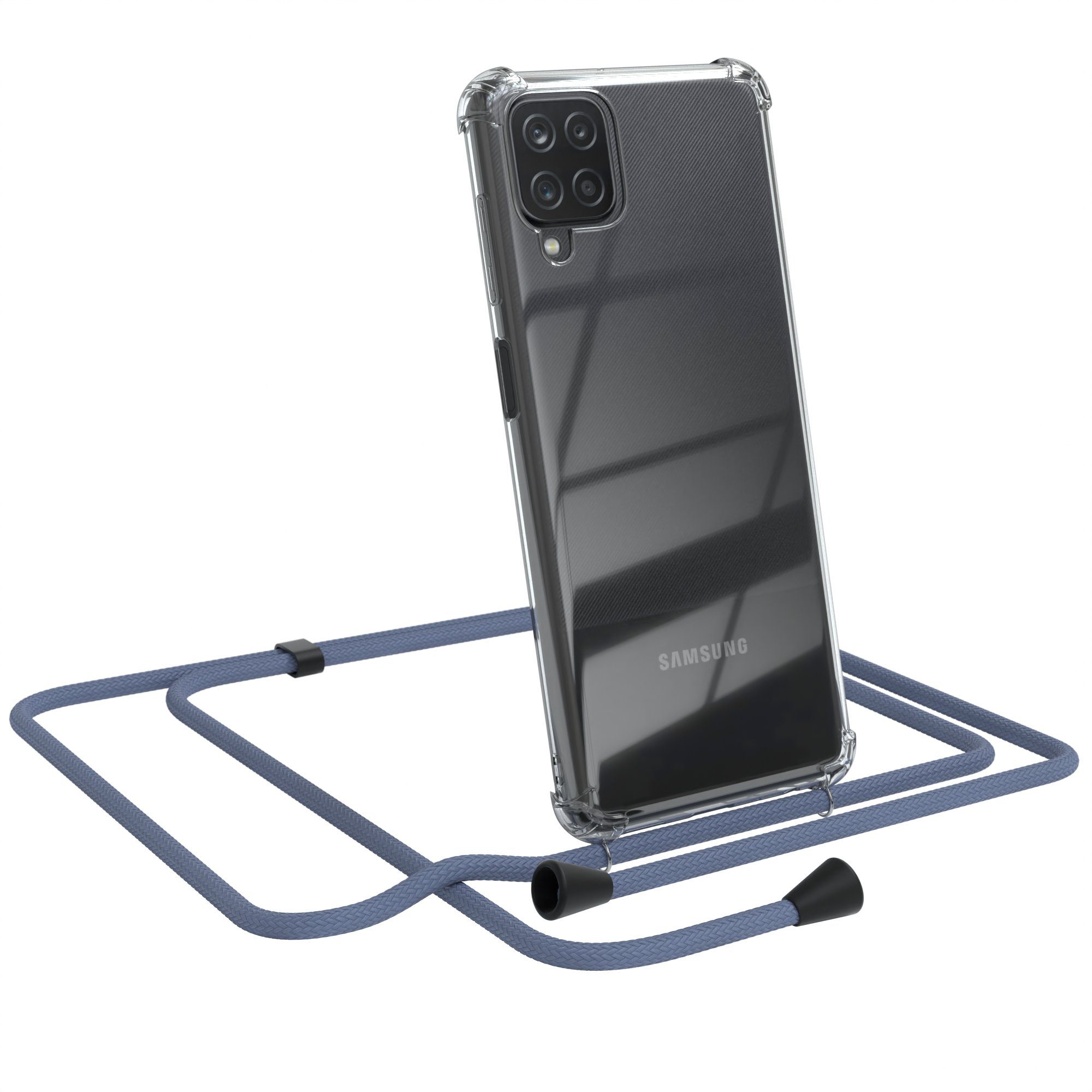 EAZY CASE Handykette Kette Clips Schwarz für Samsung Galaxy A12 6,5 Zoll, Silikonhülle Transparent Handyhülle mit Kordel Kette zum Umhängen Blau