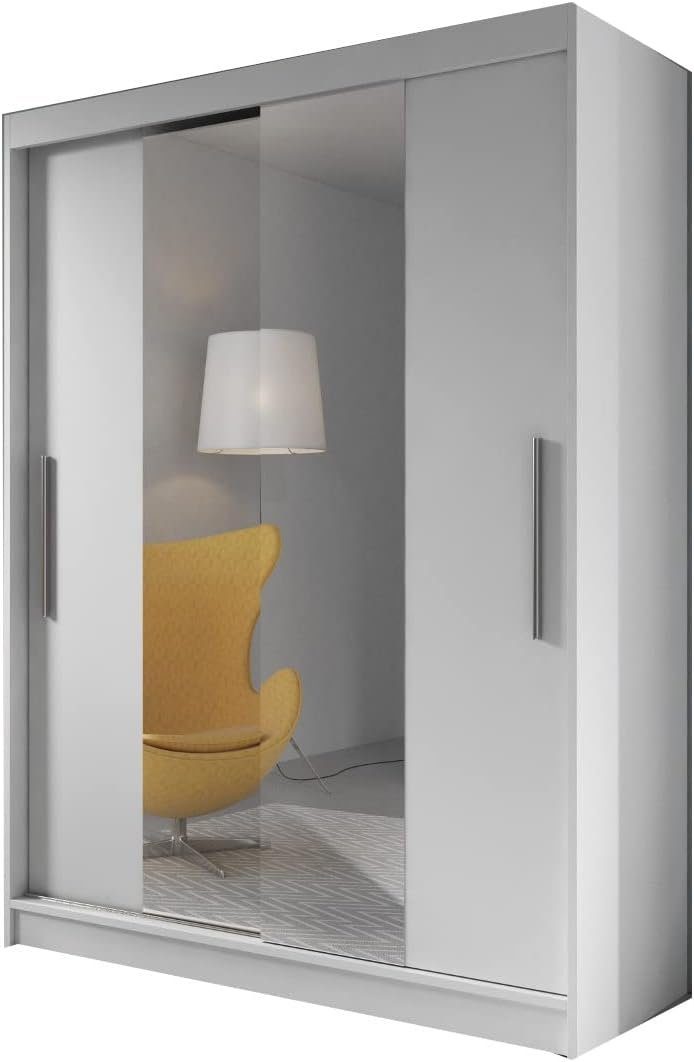 MOEBLO Kleiderschrank LARA 01 (mit Spiegel Schwebetürenschrank 2-türig Schrank mit vielen Einlegeböden und Kleiderstange, Gaderobe Schiebtüren Schlafzimmer-Wohnzimmerschrank Modern Design) (BxHxT): 150x200x61 cm Weiß
