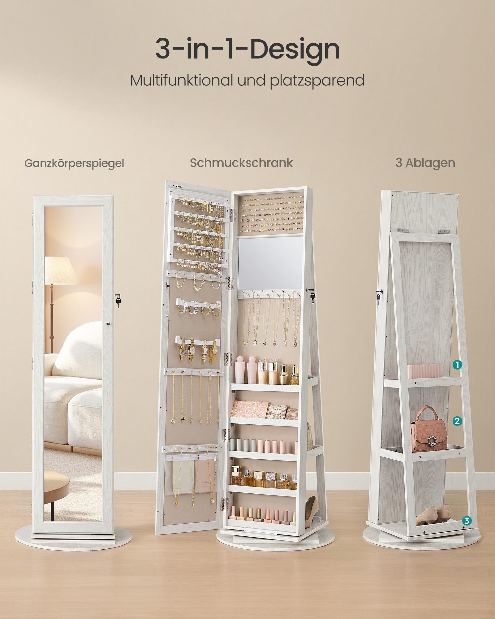 SONGMICS Schmuckschrank Spiegelschrank, mit Ganzkörperspiegel, um 360° drehbar, Geschenkidee Schmuckaufbewahrung, abschließbar, mit Schlüsseln, 54 x 54 x 161 cm