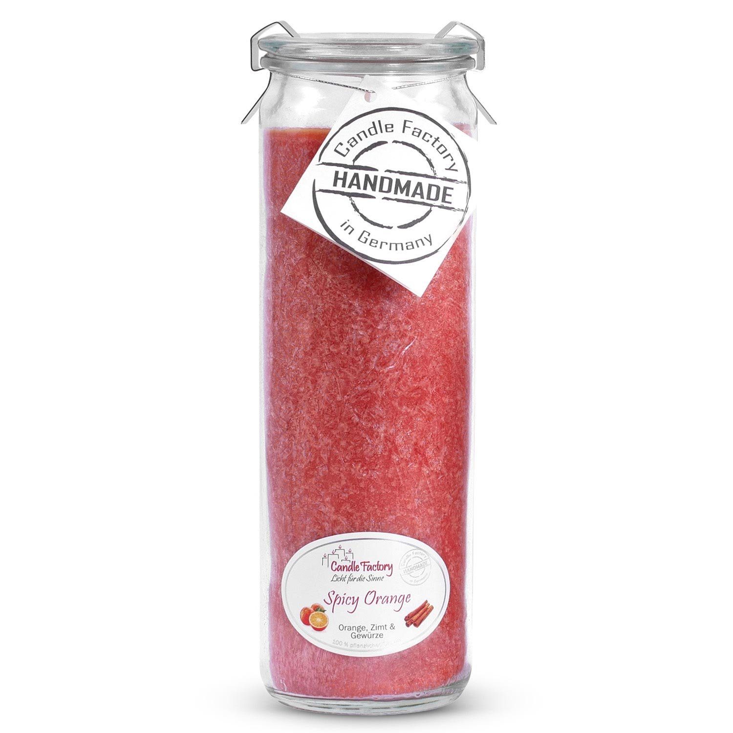 Landshop24 Duftkerze Candle-Factory Duftkerze aus Stearin im Weckglas Big Jumbo (Duft "Spicy Orange), brennt bis zu 100h