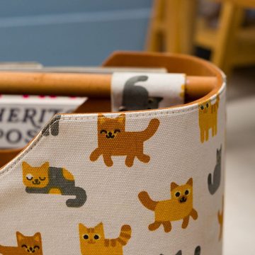 wohnfreuden Aufbewahrungsbox Zeitungsständer aus Stoff mit Teakholz 40 cm mit Katzen
