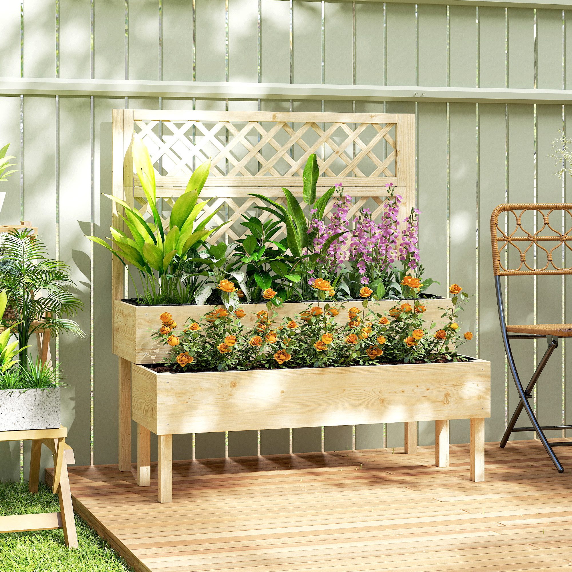 Outsunny Hochbeet Rankgitter 2-stufig erhöhter Blumenkasten, Holz Pflanzkübel (Pflanzkasten, 1 St., Blumenkasten), für Kletterpflanzen Garten 108 x 62 x 120 cm