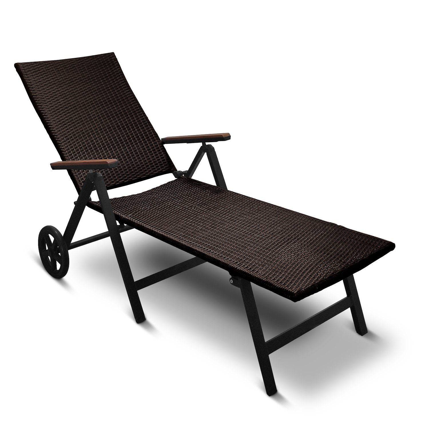 DM-Handel Rollliege Aluminium Rattanliege Modern Klappliege Sonnenliege, Relaxliege, 1 Gartenliege, 7 Fach verstellbar, Eukalyptusholz, klappbar, platzsparend, auf Rollen