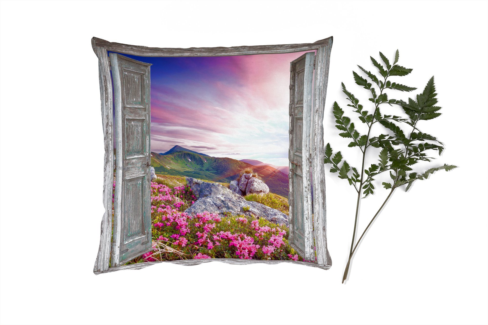Landschaft Deko, Sofakissen Dekokissen - mit Füllung Schlafzimmer, Berge Blumen, für Zierkissen - MuchoWow - Wohzimmer, Aussicht