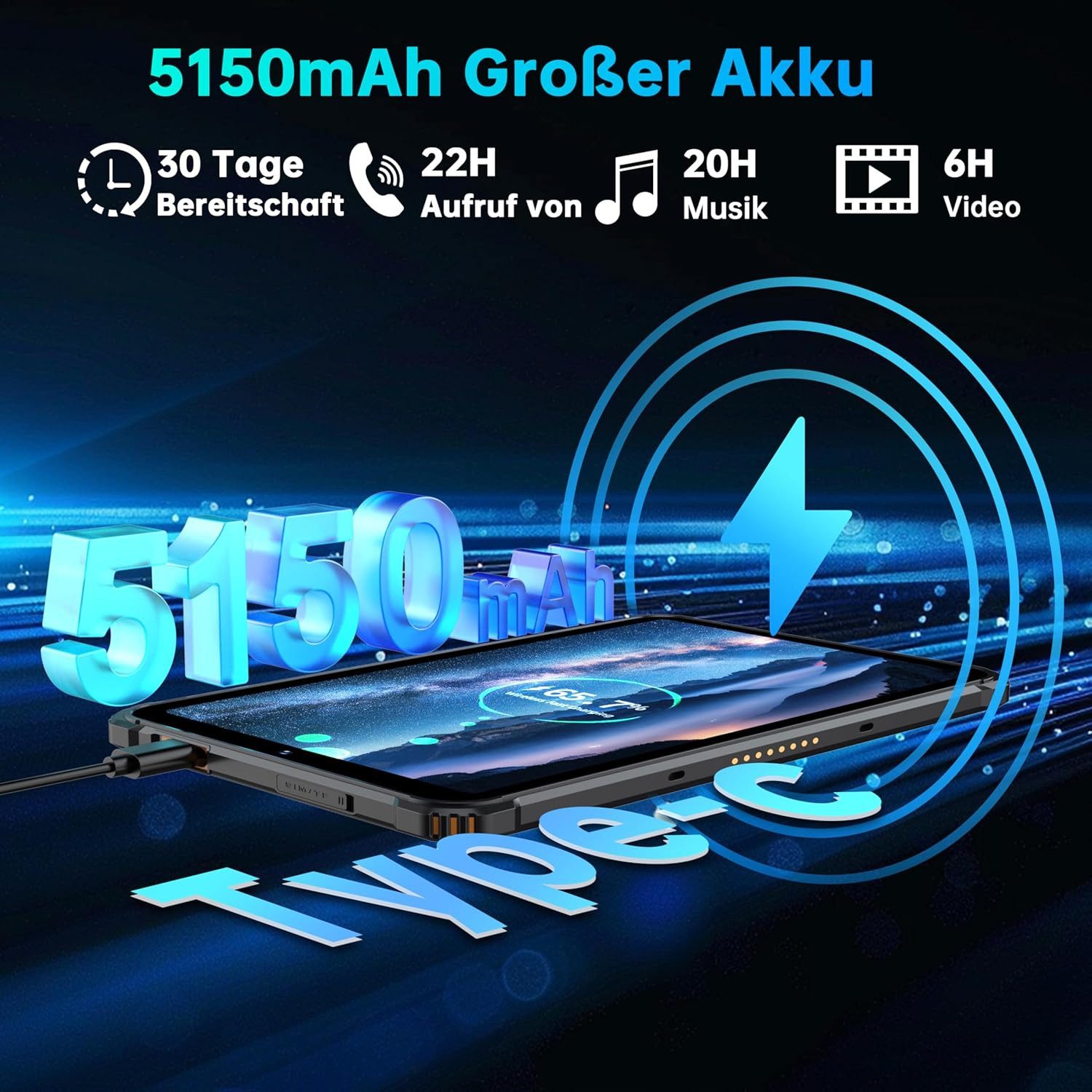 Zevelora Wasserdicht 5150 mAh 16 GB RAM Tablet (8", 128 GB, Android 14, 4G LTE, Robustes Outdoor-Gerät mit hoher Leistung und langer Akkulaufzeit)
