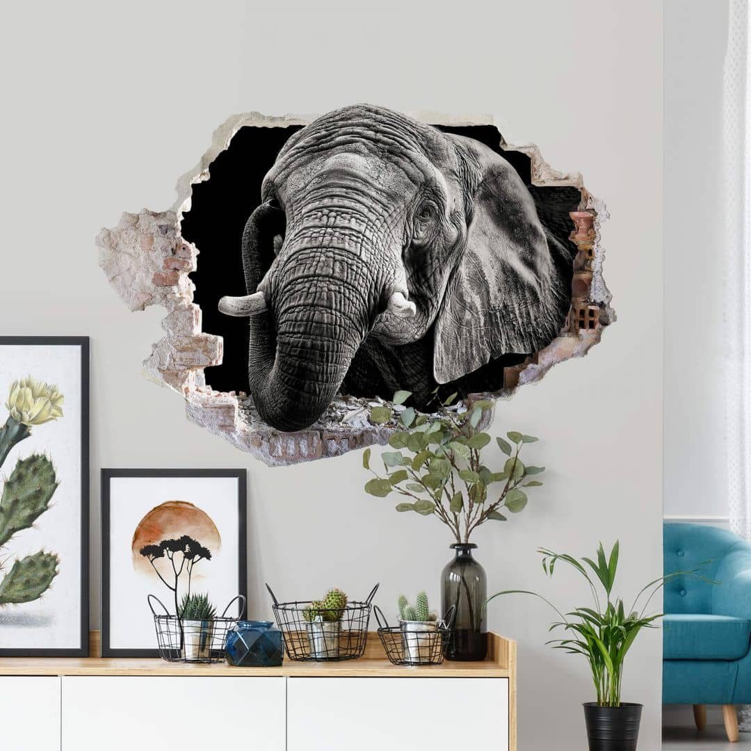 K&L Wall Art Wandtattoo 3D Wandtattoo Meermann Safari Tiere Afrikanischer Elefant Fotografie, Mauerdurchbruch Wandbild selbstklebend