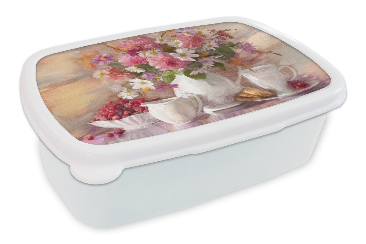 Jungs Kunststoff, Kinder und Mädchen Lunchbox - Vase Ölfarbe, für MuchoWow Brotbox - Brotdose, weiß Gemälde - (2-tlg), für und Erwachsene, Blumen