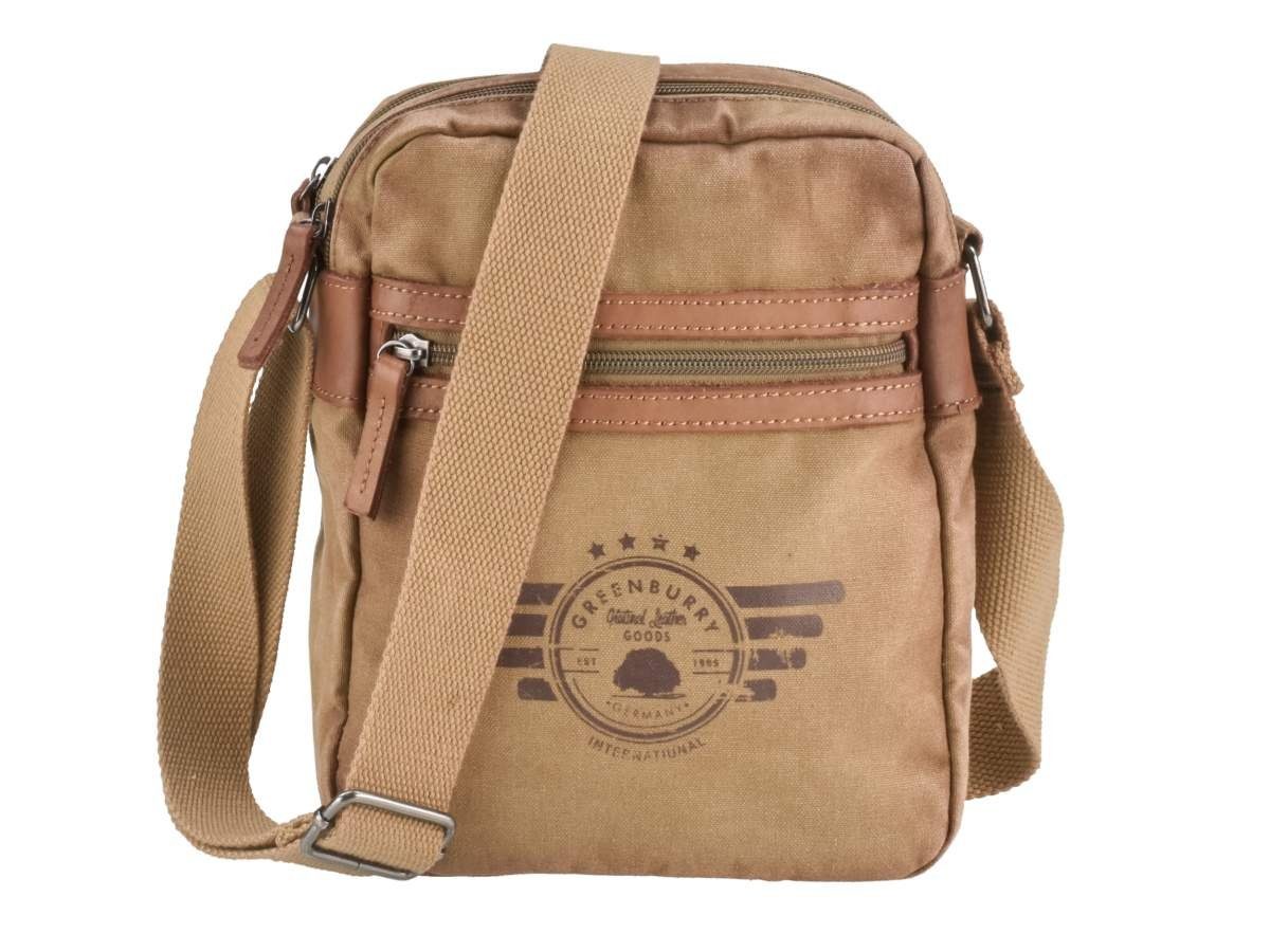 camel Messengerbag, Aviator, 20x22cm, Greenburry Lederbesatz Herrentasche Schultertasche Umhängetasche mit