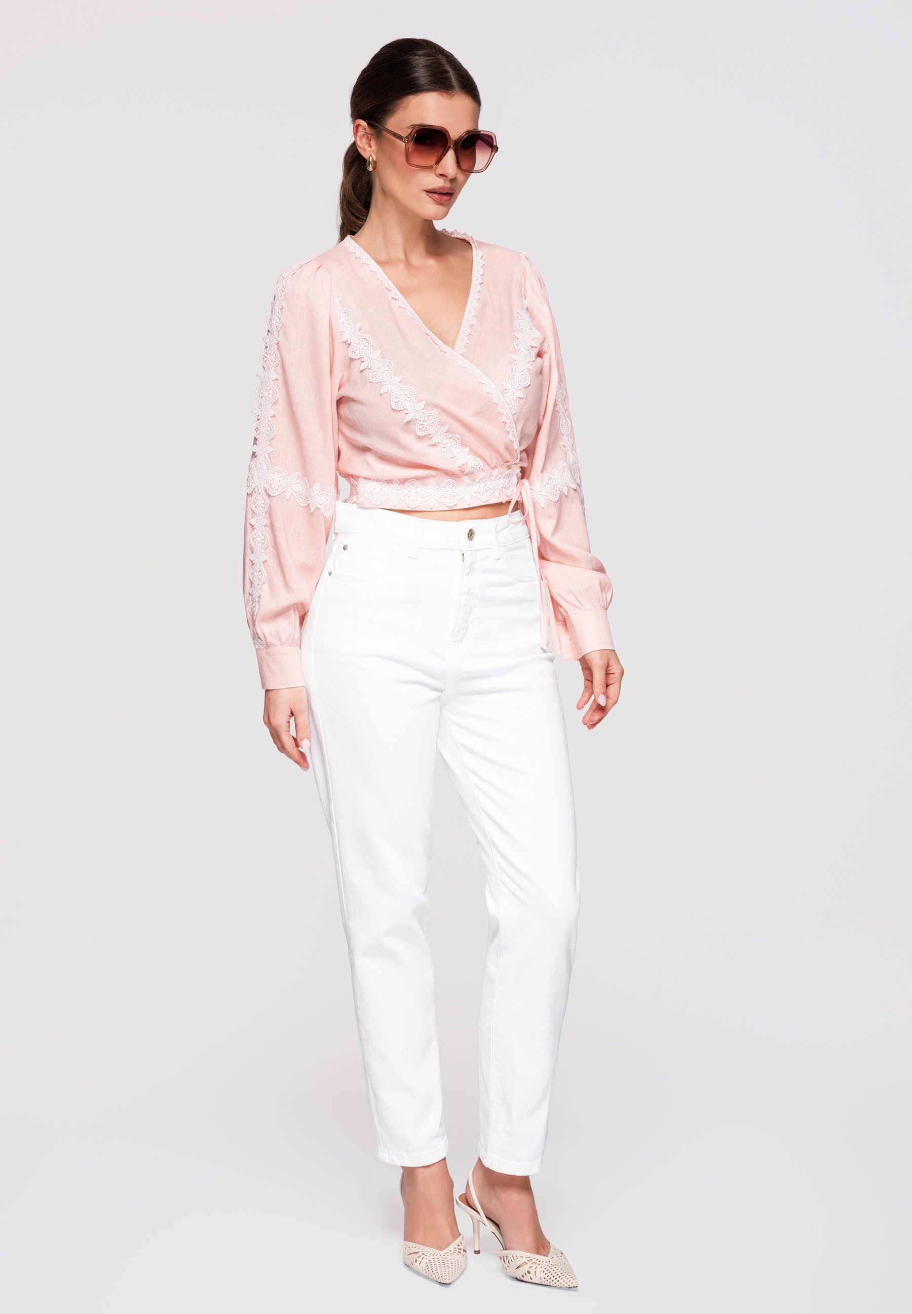 OMBRE Hemdbluse Damen Bluse Wickeldesign Kurz Elegant Rose L (kein Set, 1-tlg) Wickeldesign, tailliert