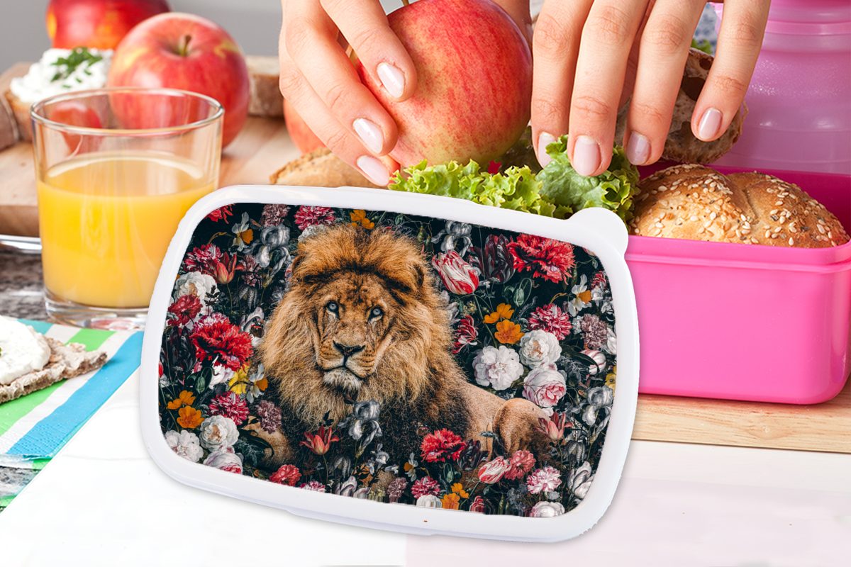 Kunststoff, Lunchbox Kunststoff Mädchen, Farbe, Löwen Erwachsene, Snackbox, Kinder, für Brotbox Blumen - (2-tlg), - Brotdose rosa MuchoWow