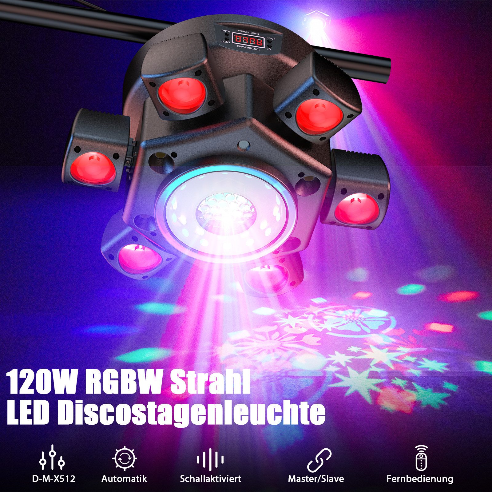 ZonQoonz Discolicht 120W 6-Arm Bühnenstrahllicht mit Sterneneffekt für DJ-Party-Hochzeit