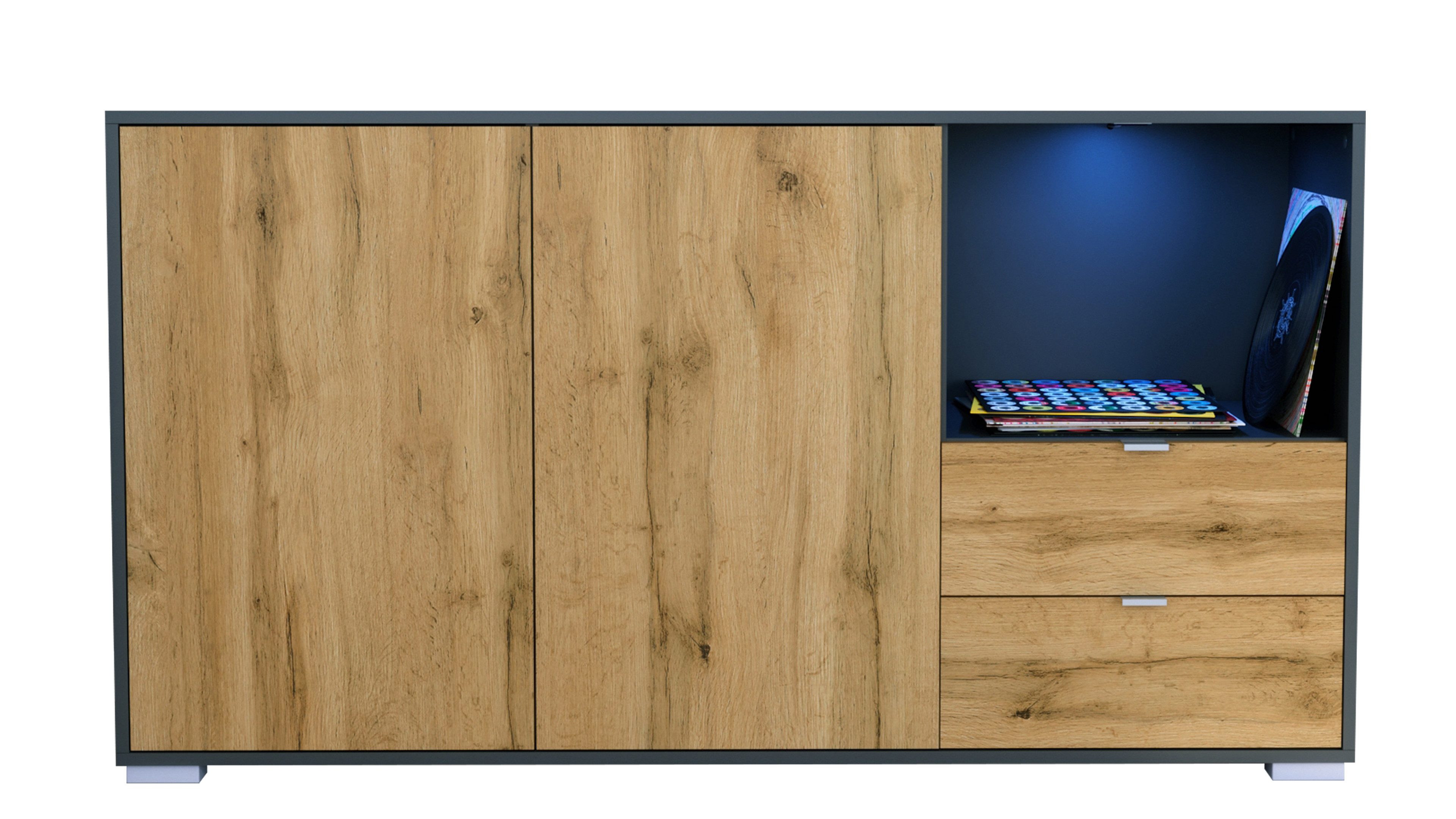 Vladon Sideboard Milano (Kommode mit 2 Türen Eiche Evoke, 2 Schubladen Eiche Evoke, inkl. LED, Made in Germany), Korpus Anthrazit matt (152,5 x 83 x 37 cm)