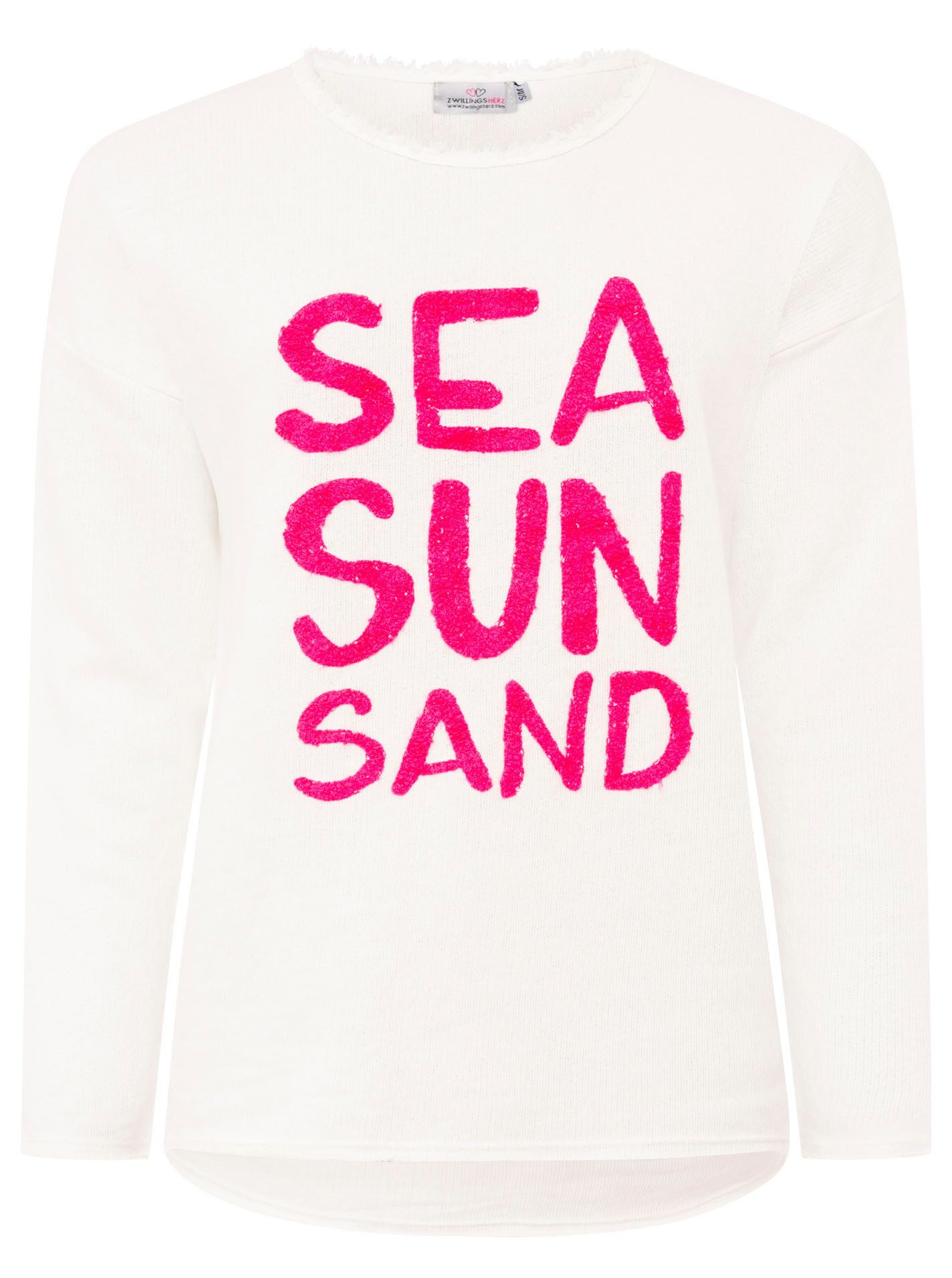 Zwillingsherz Sweater "Sea Sand Sun" Flock-Print, ausgefranster Rundhalsaus günstig online kaufen