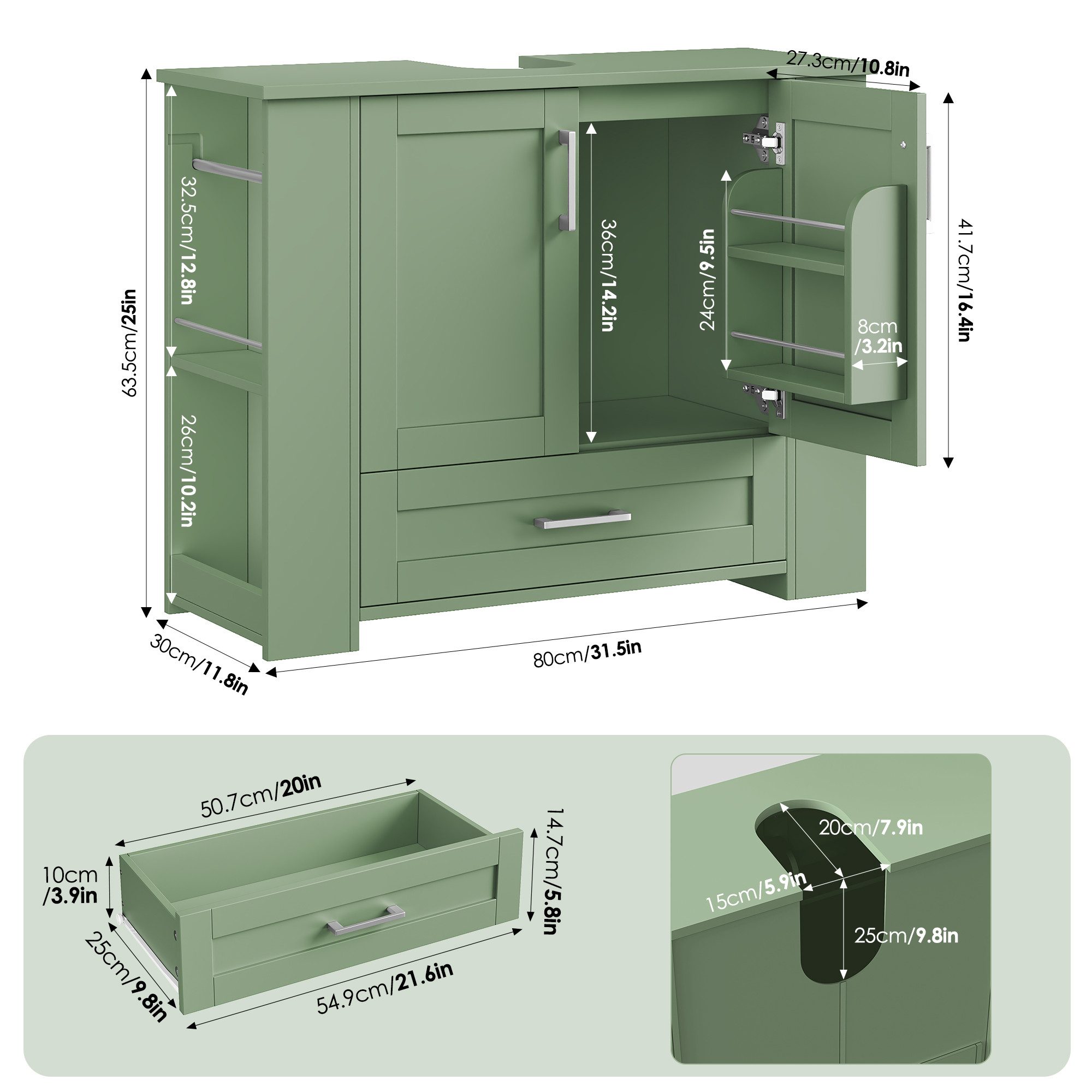 Homfa Waschbeckenunterschrank Unterschrank Badezimmerschrank 1 Schublade, 2 Türen, Seitliche Ablagen, Türfächer, Handtuchhalter