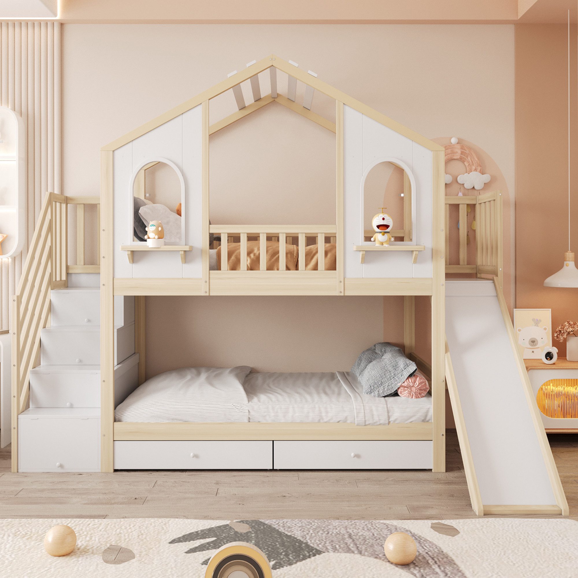 Flieks Etagenbett, Kinderbett Hausbett 90x200cm mit Stauraumtreppe, Rutsche, 2 Schubladen