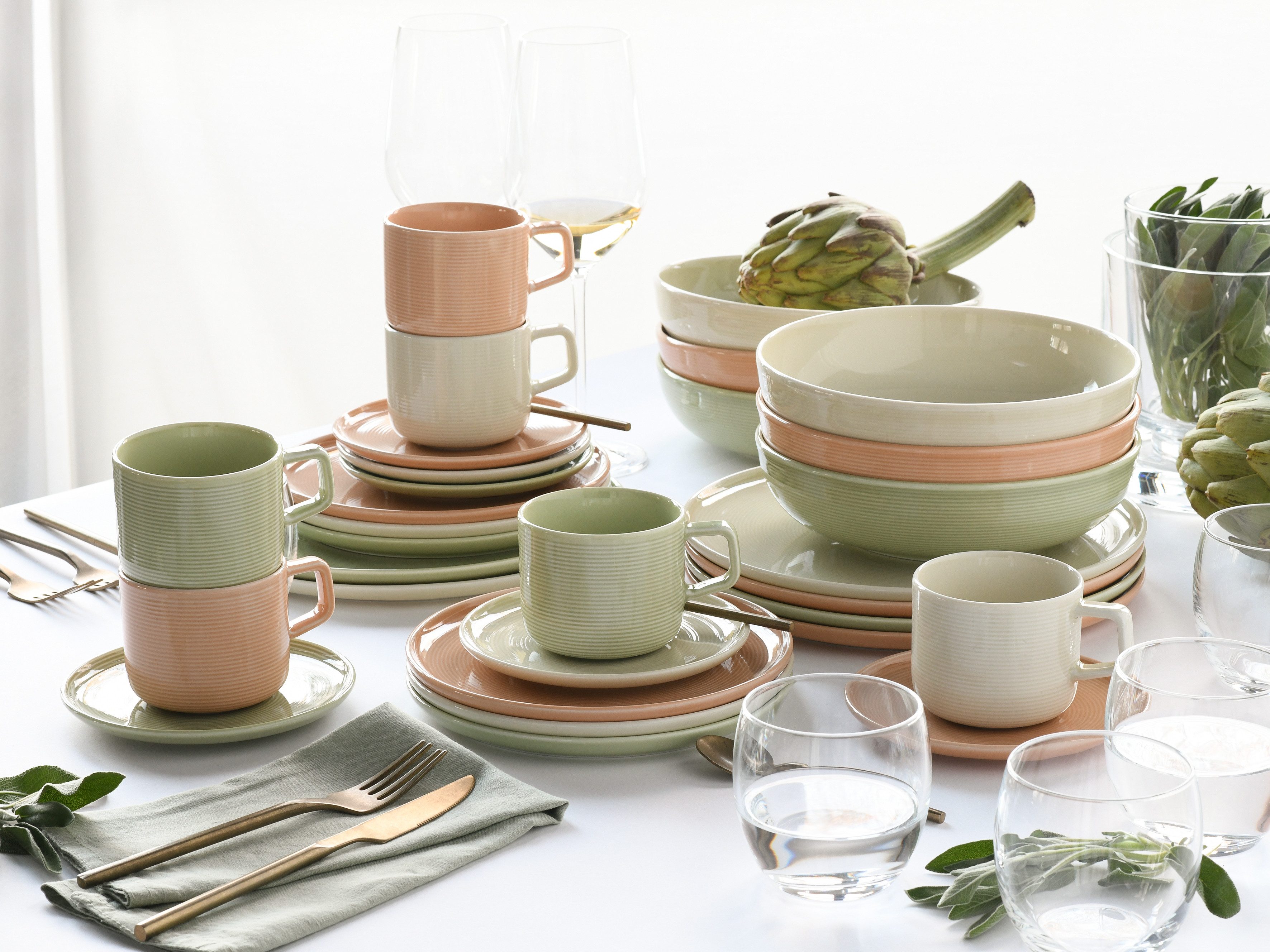 CreaTable Kombiservice Session, Service, 30-tlg. (30-tlg), 6 Personen, Porzellan, Teller ohne Fahne mit großem Spiegel, Elegantes Rillenrelief