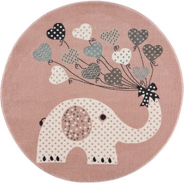 Kinderteppich Elefant mit Luftballons, Jimri, Rund, Kurzflor, Kinderzimmer Teppich