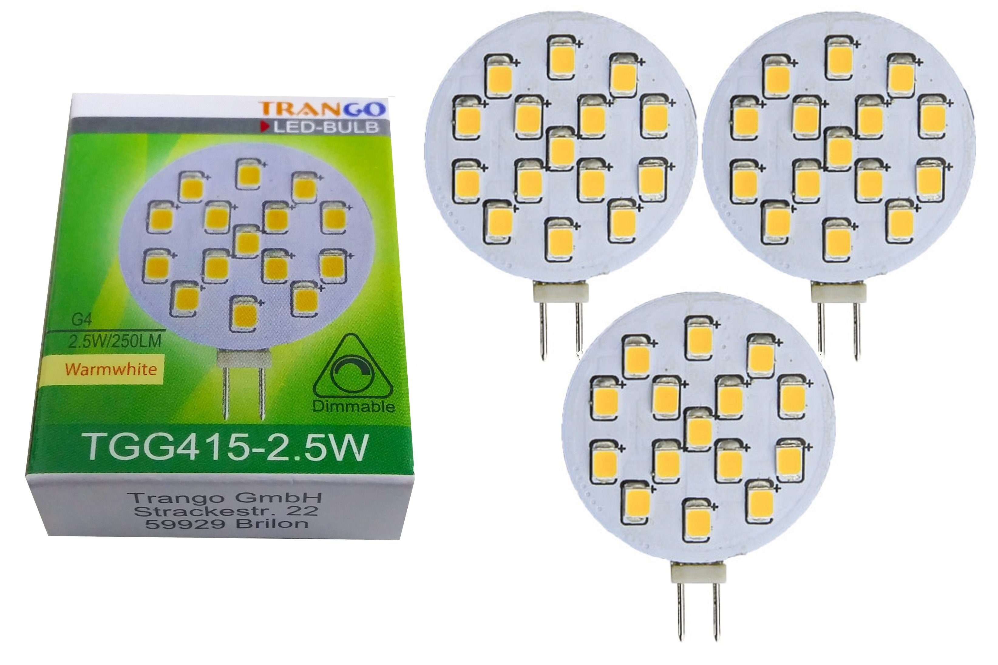 TRANGO LED-Leuchtmittel, 3er Pack G415-2.5/3 LED Leuchtmittel G4 Fassung zum Austausch G4 MR16 Halogen Leuchtmittel 12Volt AC/DC - 2.5 Watt 250 Lumen 3000K warmweiß Möbel Einbaustrahler, 3 St., Schrank Einbauleuchte, Deckenleuchte