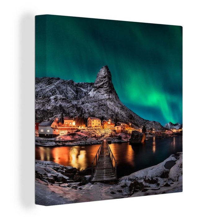 OneMillionCanvasses® Leinwandbild Nordlicht - Island - Schnee - Dorf - Grün - Berge (1 St) Bild auf Leinwand Wandbild Leinwandbilder Wanddekoration Kunstdruck