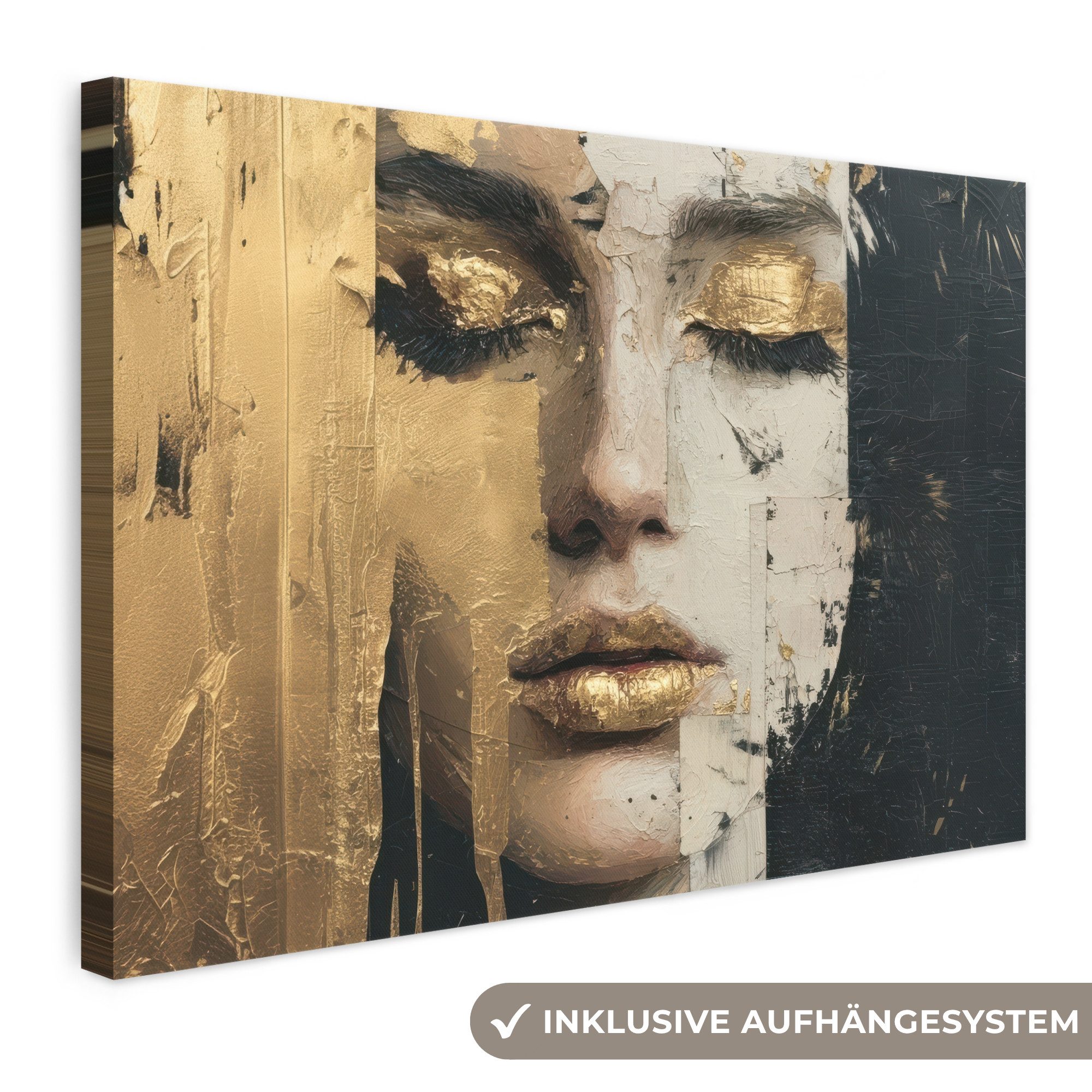OneMillionCanvasses® Leinwandbild Abstrakt - Gold - Gesicht - Lippen, Fotodruck (1 St), Leinwand Bilder Klein, Wand Dekoration Aesthetic 30x20 cm