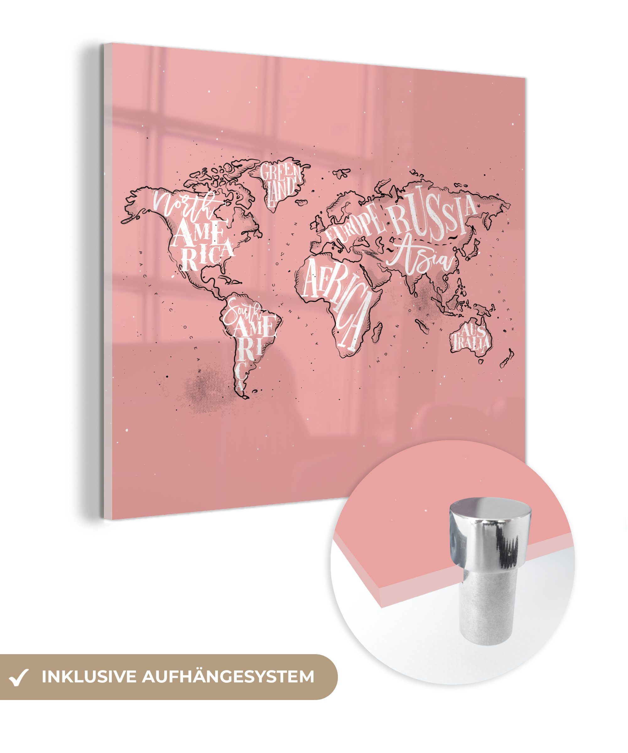 MuchoWow Acrylglasbild Weltkarte - Rosa - Weiß - Buchstaben, (1 St), Glasbilder - Bilder auf Glas Wandbild - Foto auf Glas - Wanddekoration