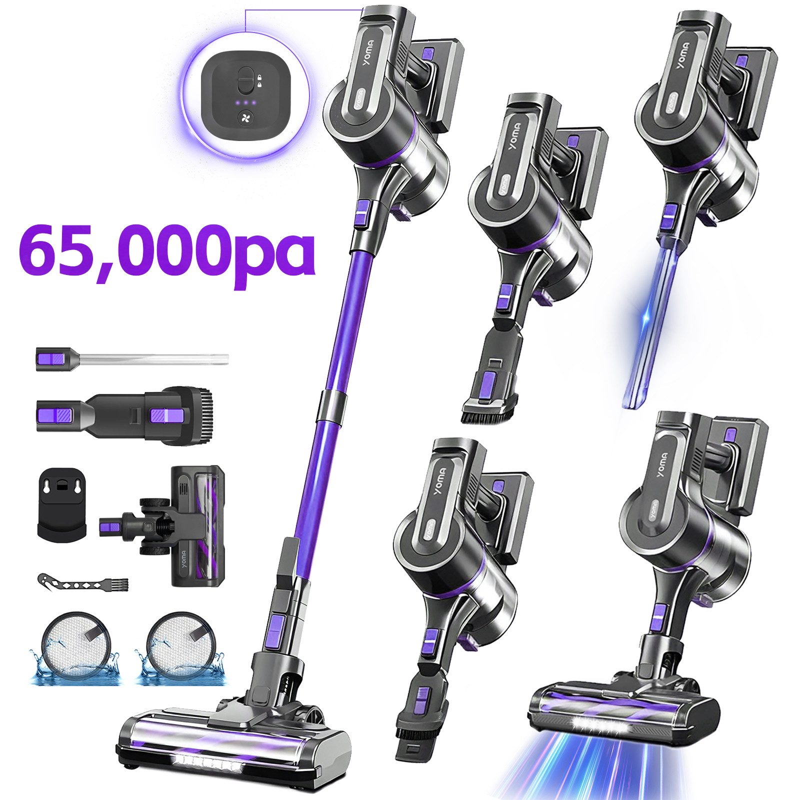 Grenintol Akku-Hand-und Stielstaubsauger Akku Staubsauger,65000pa,Akku Handstaubsauger,Akkusauger kabellos YOMA, Kabelloser Staubsauger 2500mah*7 große Batterie,Laufzeit 55 min, Drei Leistungsstufen verfügbar,Intelligente Speicherfunktion