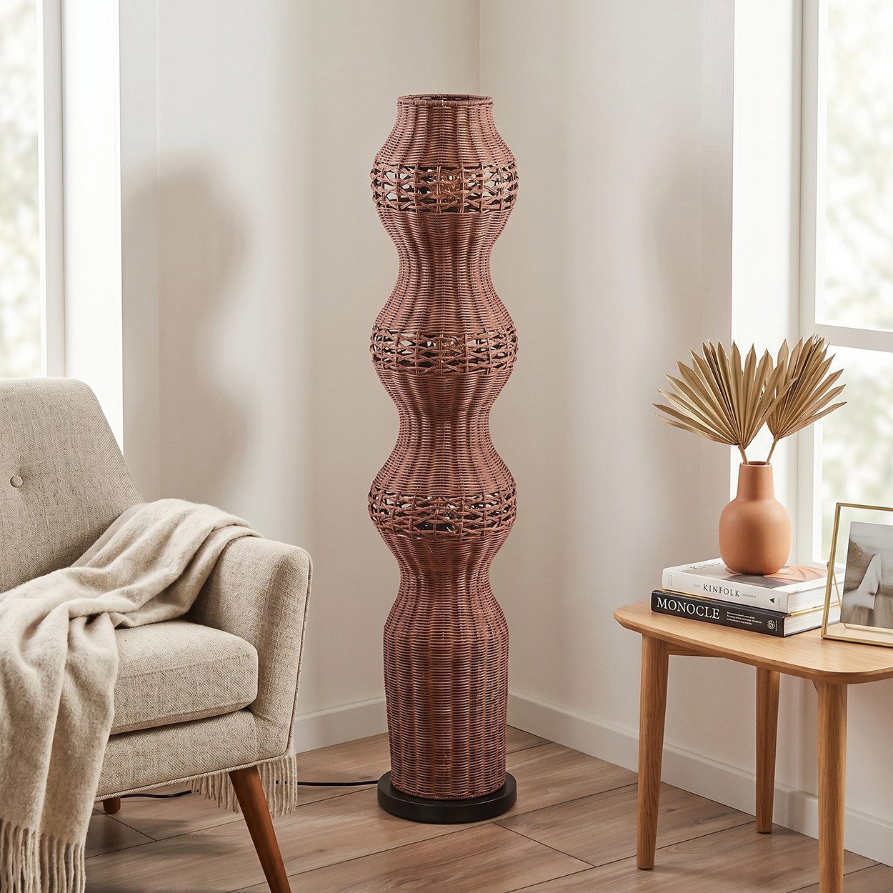 hofstein Stehlampe Stehlampe mit Schirm aus Rattan im skandinavischen Design, ohne Leuchtmittel, moderne Stehleuchte im Boho-Style mit Lichteffekt, E27, Höhe 11 – Bild 2 von 5