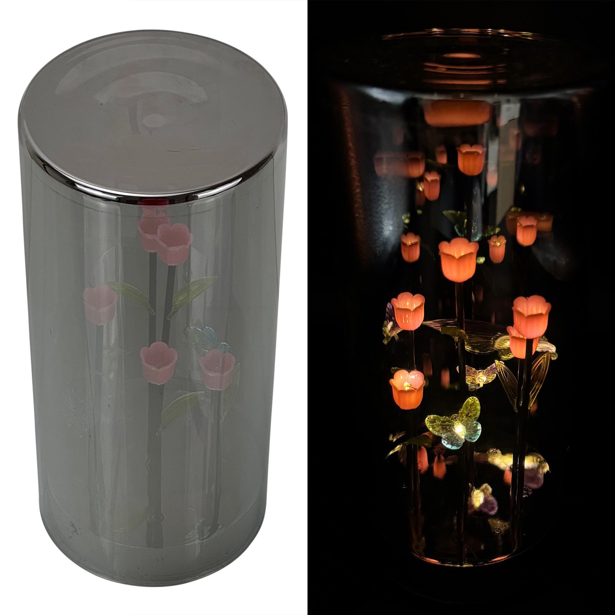 Online-Fuchs LED Laterne Glaszylinder mit Tulpen & Schmetterlingen - Deko zu Ostern & Frühling, 5 Tulpen und 2 Schmetterlinge, warmweiß beleuchtet, praktische 6-Stunden Timerfunktion