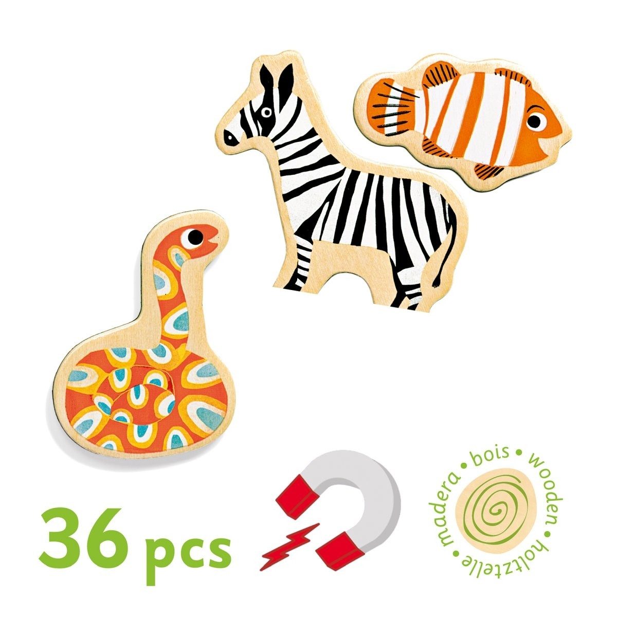DJECO Lernspielzeug Holz-Magnete Magnimo 36 bunte Tierfiguren Kinder ab 2 Jahren