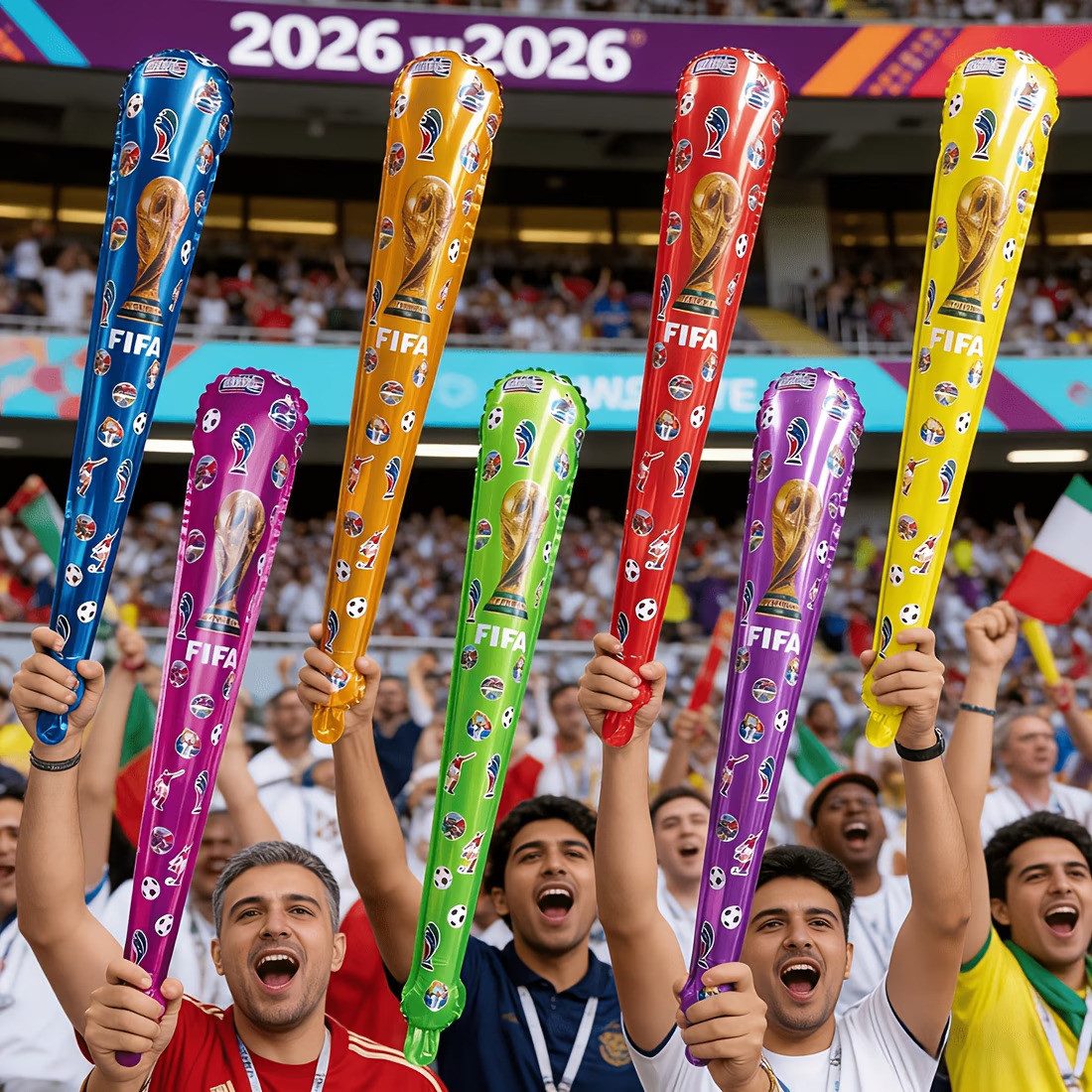 Stelby Aufblasbares Partyzubehör FIFA WM 2026 Folienballons 5er-Pack – Aufblasbare Jubel-Sticks, mit integriertem Glöckchen – Fan-Klatschstangen