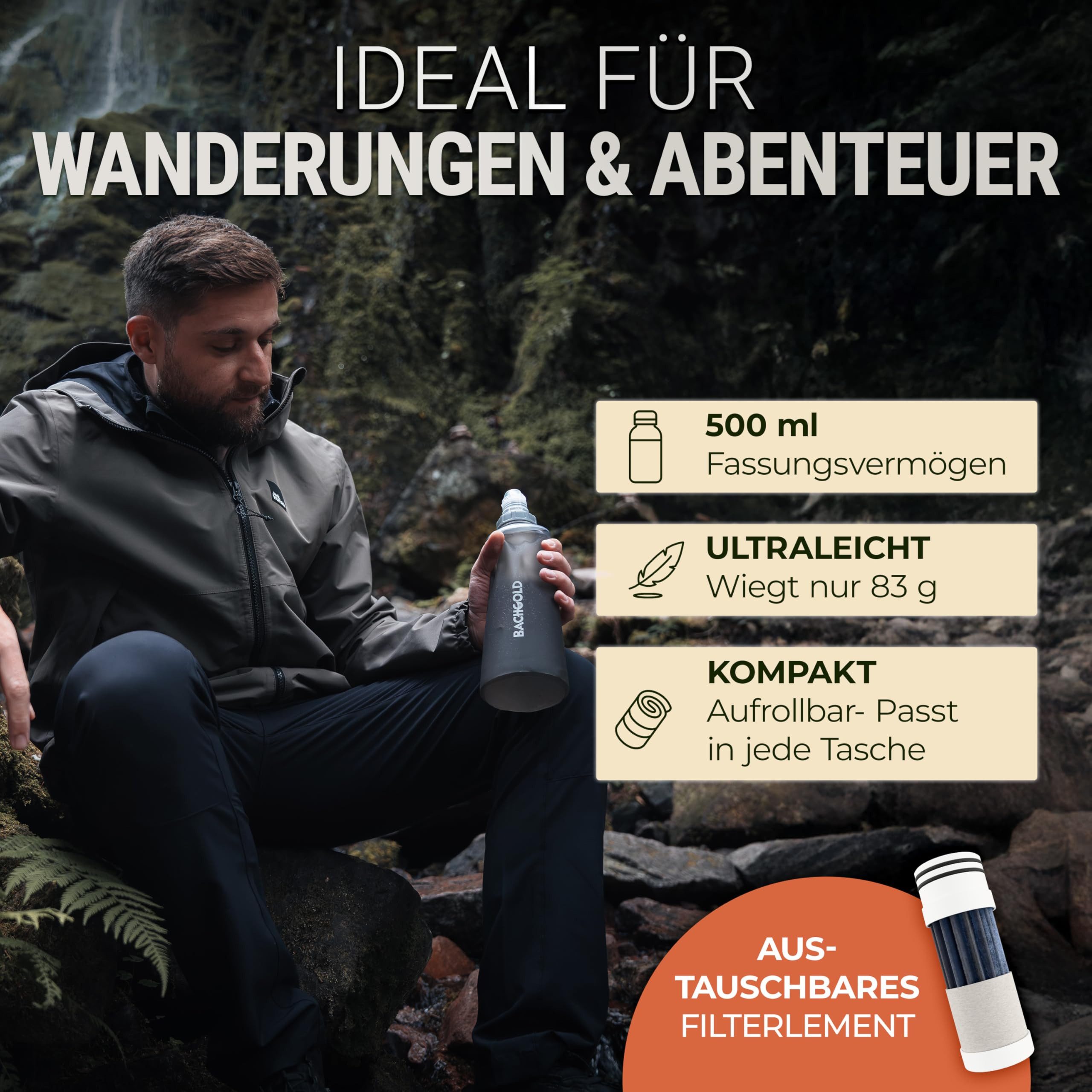BACHGOLD Wasserfilter Outdoor Squeeze - Ultraleichter Trinkwasserfilter mit Virus-Filtration, Zubehör für Camping, Survival, Notfall, Bushcraft, Filtert Viren, Bakterien & Mikroplastik