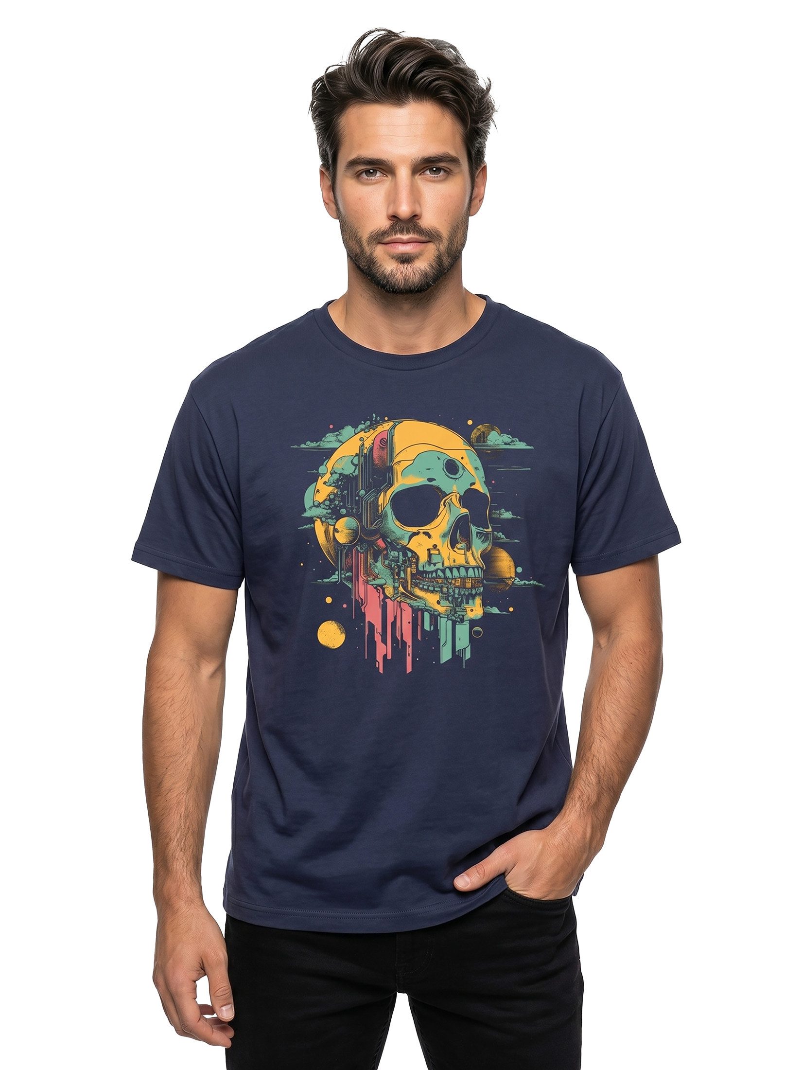 MAKAYA T-Shirt Herrenshirt mit Totenkopf Design - Tattoo Funshirt für Rockfans (Schwarz, Blau, Grün, Blaugrau, Grau, S, M, L, XL, XXL, 3XL, 4XL, 5XL) Baumwolle