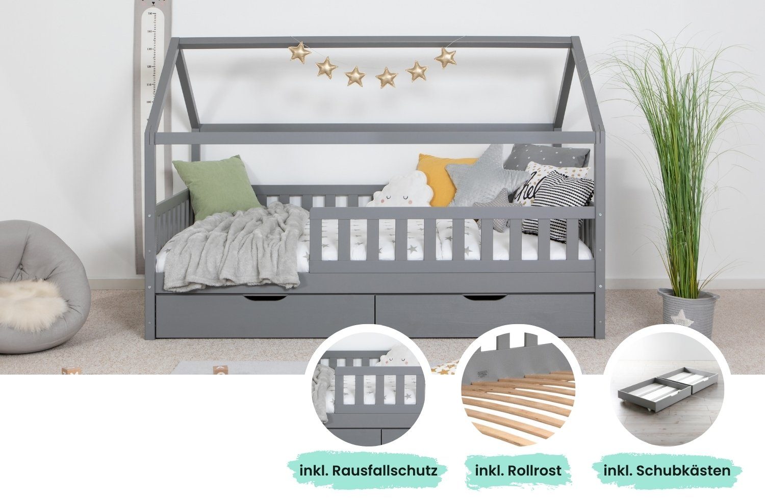 Ticaa Hausbett Kay mit Rausfallschutz und Schubkasten aus Kiefer, Kinderbett 120x200, inkl. Dach, mit Rollrost, mit Matratze