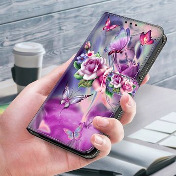 CLM-Tech Handytasche für Xiaomi Redmi Note 13 Pro 5G Hülle Tasche aus Kunstleder Klapphülle (lila Blumen Schmetterlinge, Handyhülle Wallet Flip Case Cover Etui), Schutzhülle mit Standfunktion, Kartenfächer, und Magnetverschluss