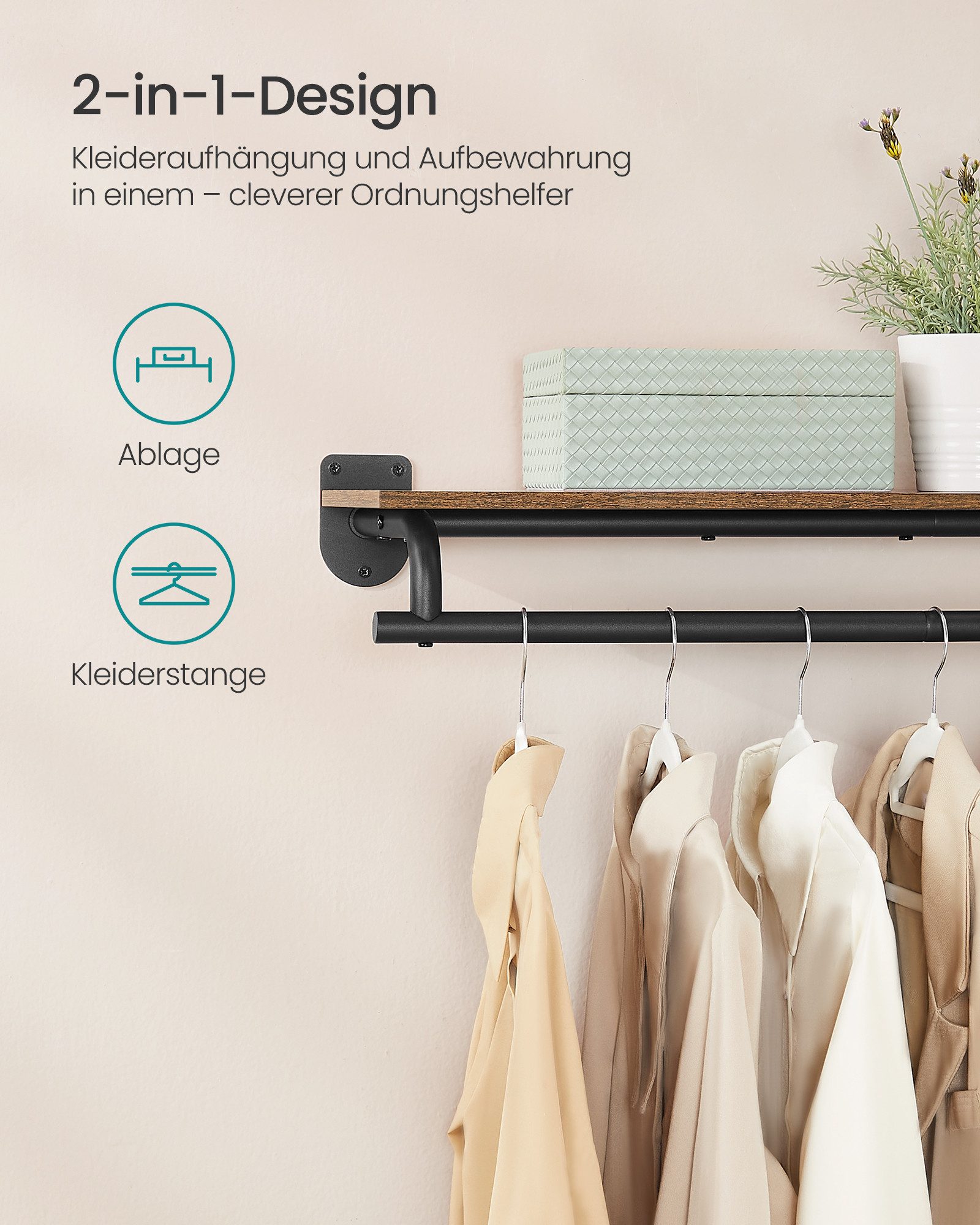 SONGMICS Wandgarderobe, Garderobe, Wandregal mit Kleiderstange, Schlafzimmer