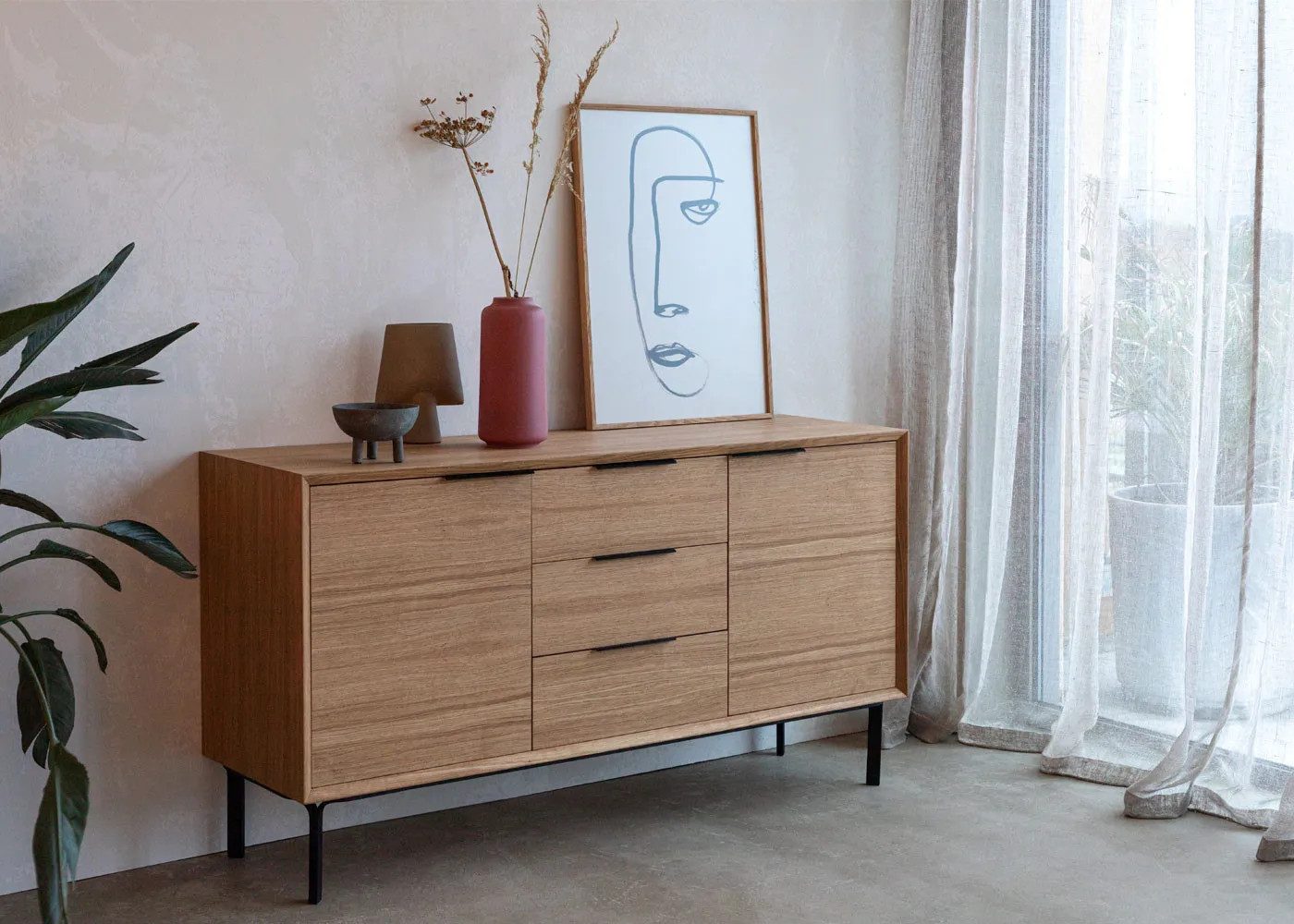 Woodek Design Sideboard BERGEN aus massiver Eiche und Eichenfurnier, Türen mit Einlegeboden (15 cm hohe Metallfüße, 1 St., 2 Schubladen mit hochwertigen Metallschienen), Breite 150 cm, Tiefe 43 cm, Höhe 80 cm