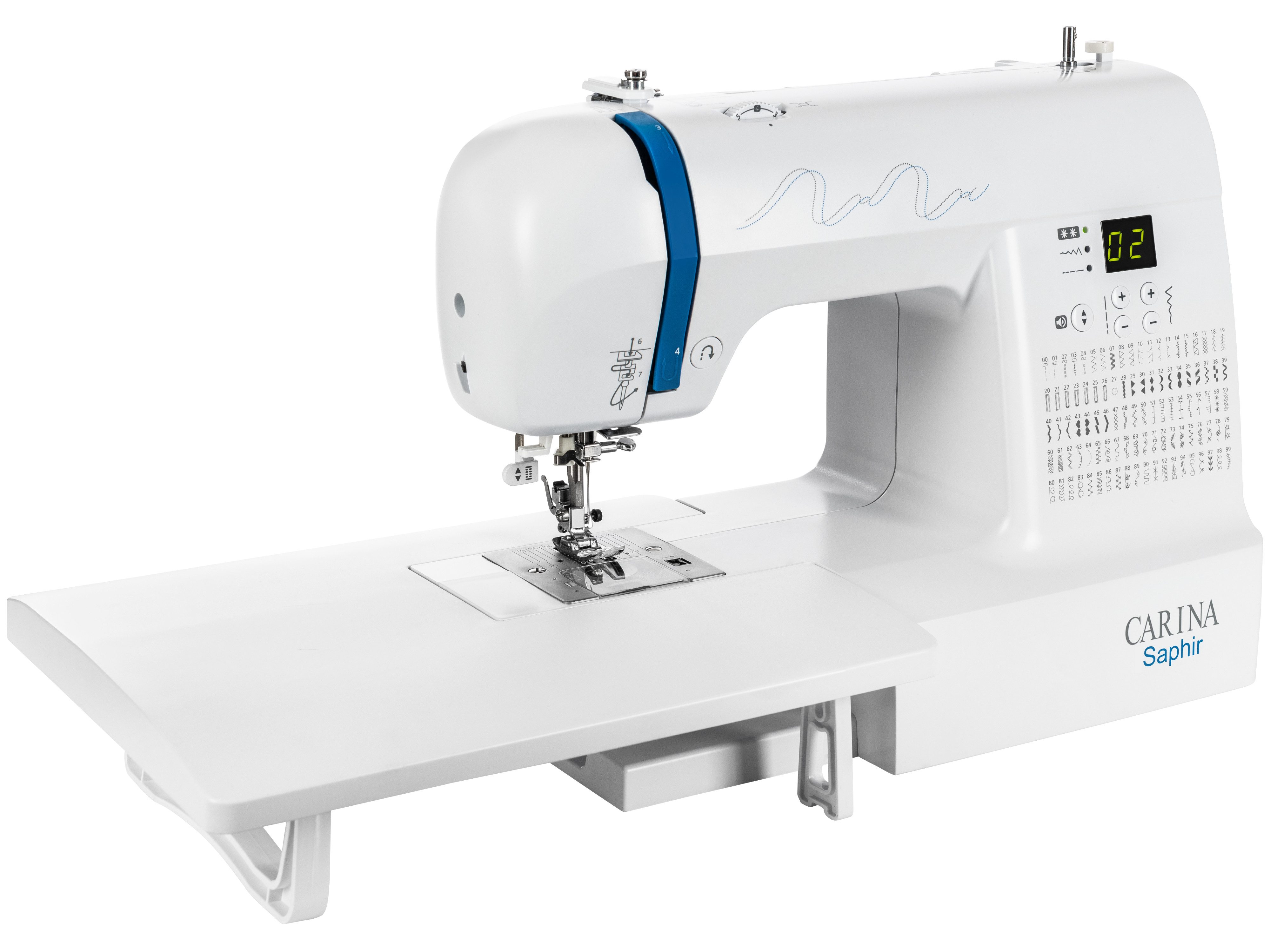 Carina Computer-Nähmaschine SAPHIR Freiarm, Einfädelautomatik, Rückwärtsnähen, Fadenabschneider, 100 Programme, 7 Nähfüße, LED Nählicht, Nadelstop, Großer Anschiebetisch
