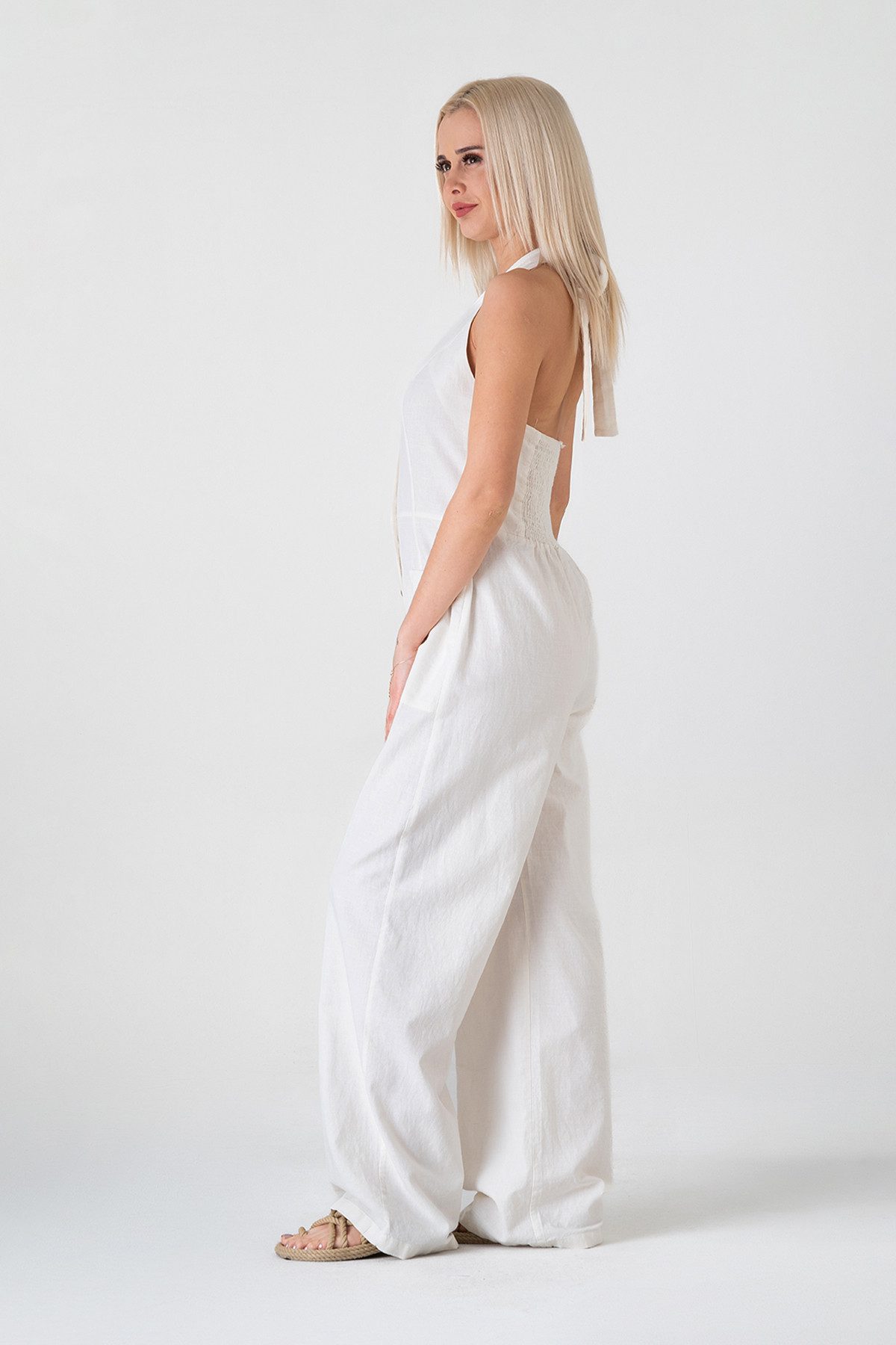 WENOR Overall Women's Jumpsuit Linen-Viscose with Buttons & Neck Tie Natural Fiber, Airy Summer Design