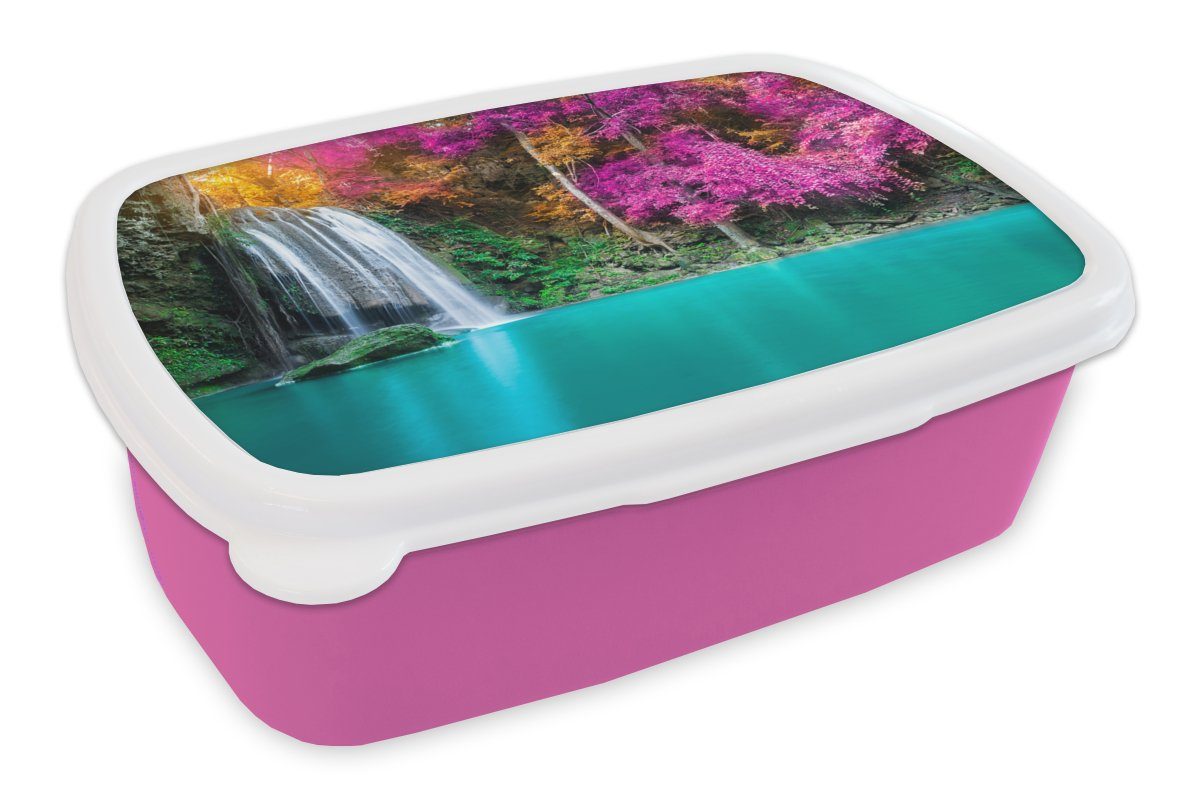 MuchoWow Lunchbox Wasserfall - Bäume - Rosa - Braun - Natur, Kunststoff, (2-tlg), Brotbox für Erwachsene, Brotdose Kinder, Snackbox, Mädchen, Kunststoff