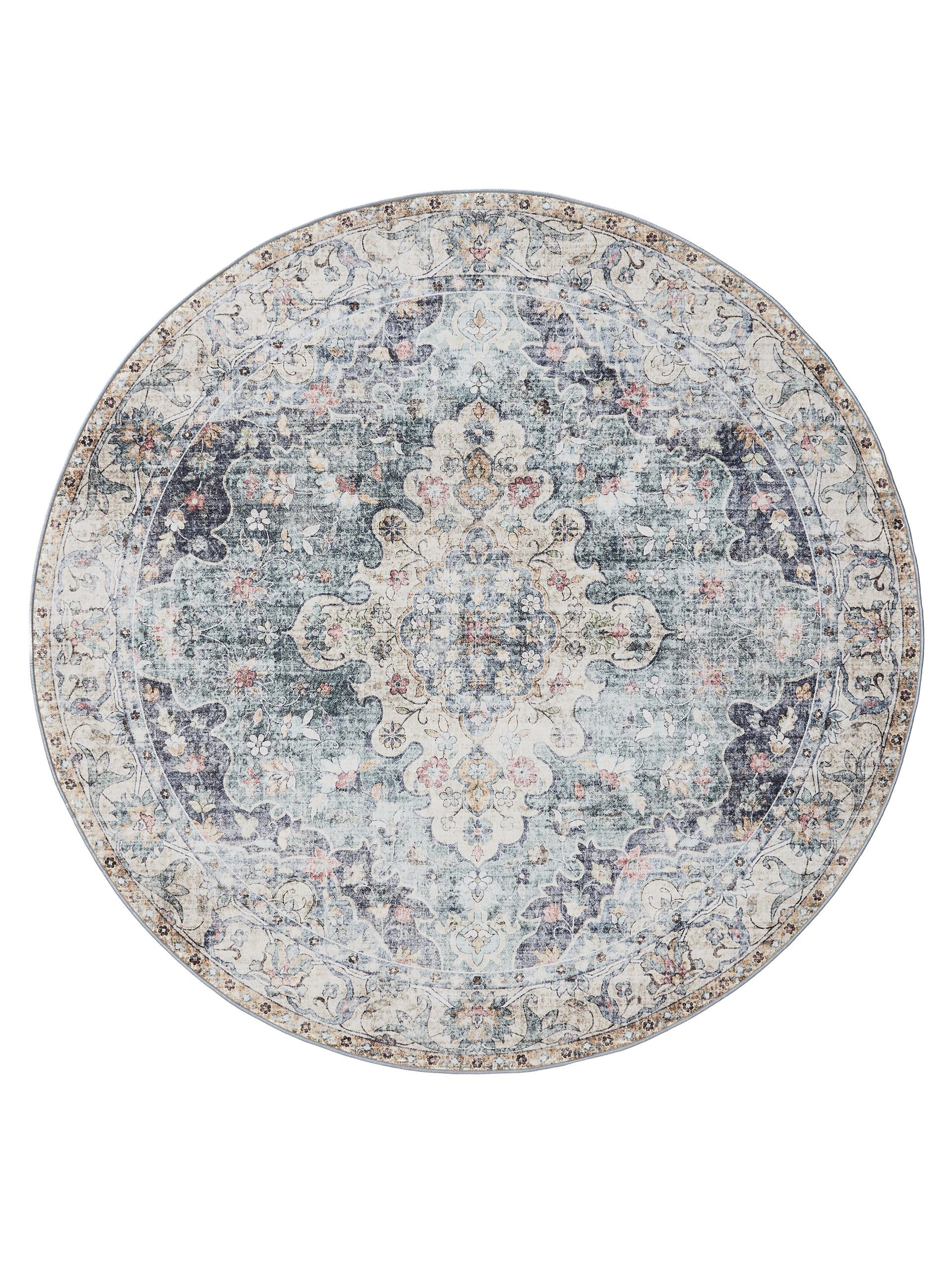 Interiyou Teppich Gent, Rund, Höhe: 5 mm, Vintage Kurzflor für Wohnzimmer, Schlafzimmer, waschbar, pflegeleicht